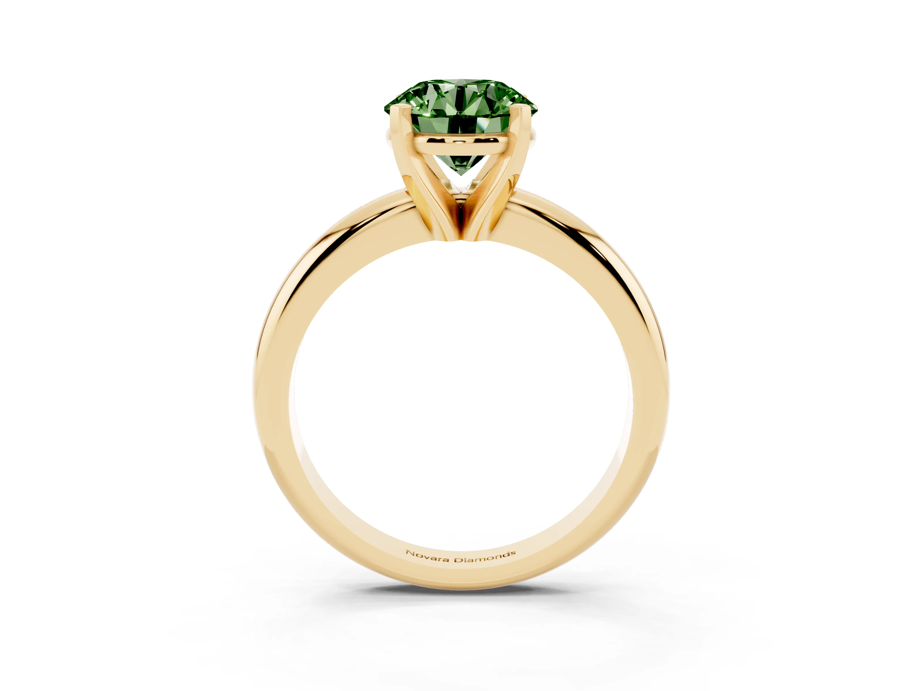 Fancy Green Round Cut Diamond Solitaire Engagement Ring Set in Yellow gold with Round Band and Prong Setting