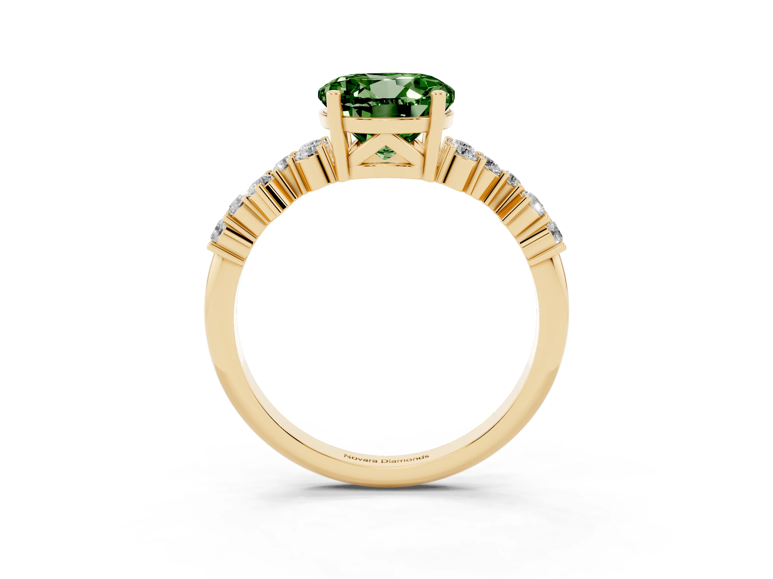 Fancy Green Round Cut Diamond Ring Set in Yellow gold with Scattered Round Accents