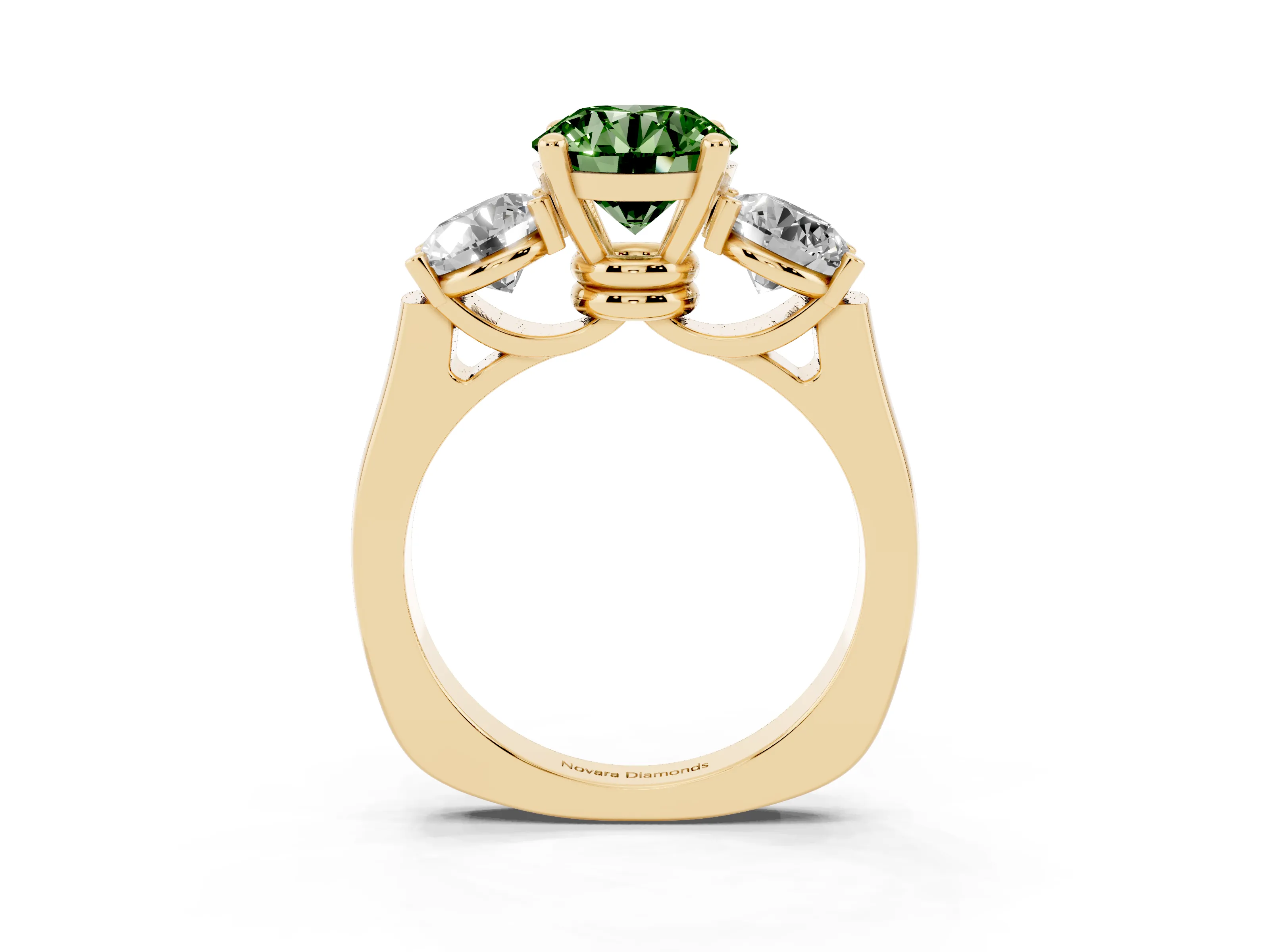 Fancy Green Round Cut Diamond Three-Stone Trellis Ring Set in Yellow gold with Comfort Fit Band
