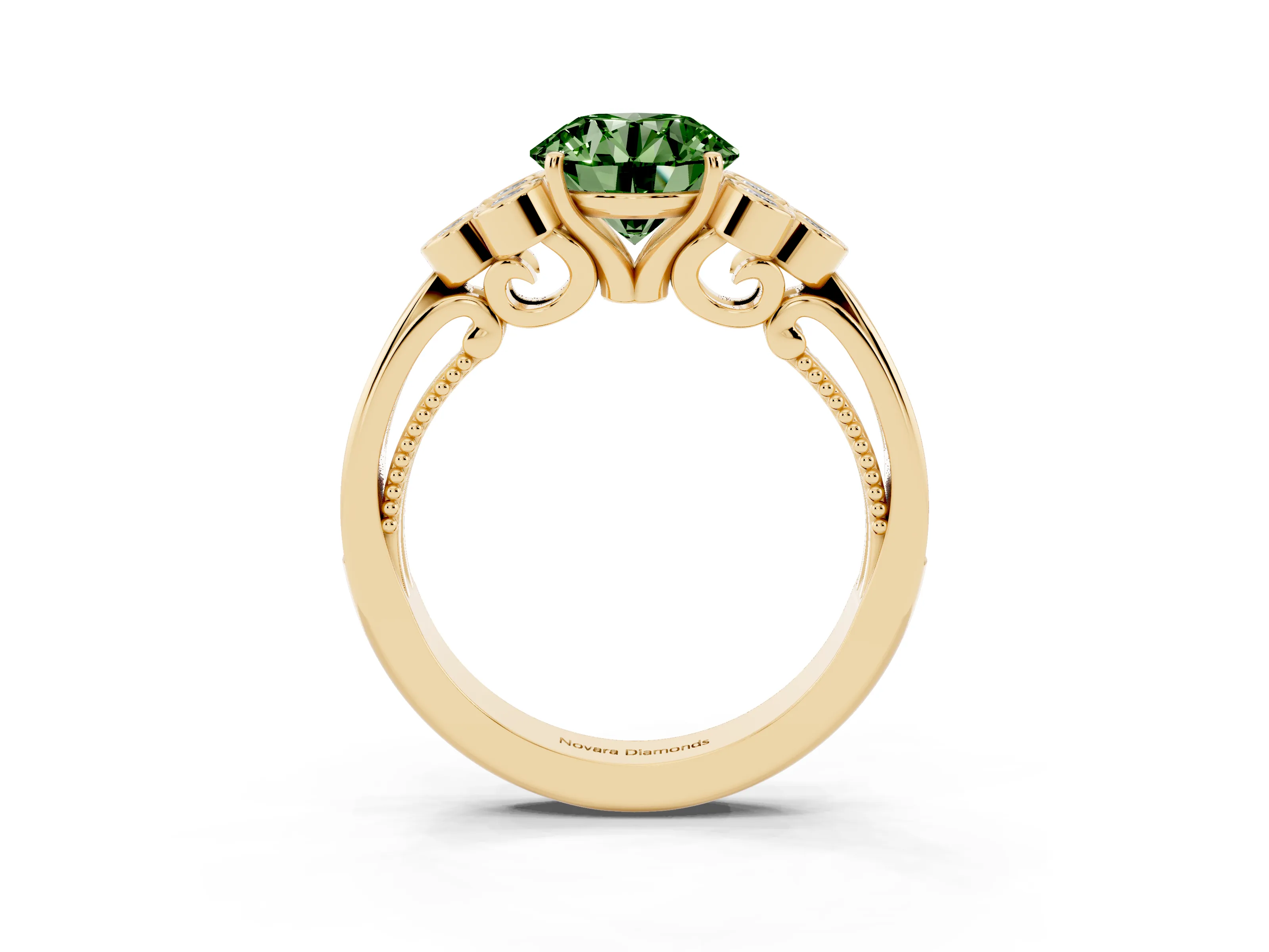 Fancy Green Round Cut Diamond Engagement Ring Set in Yellow gold with Bezel Set Round Side Stones and Prong Setting