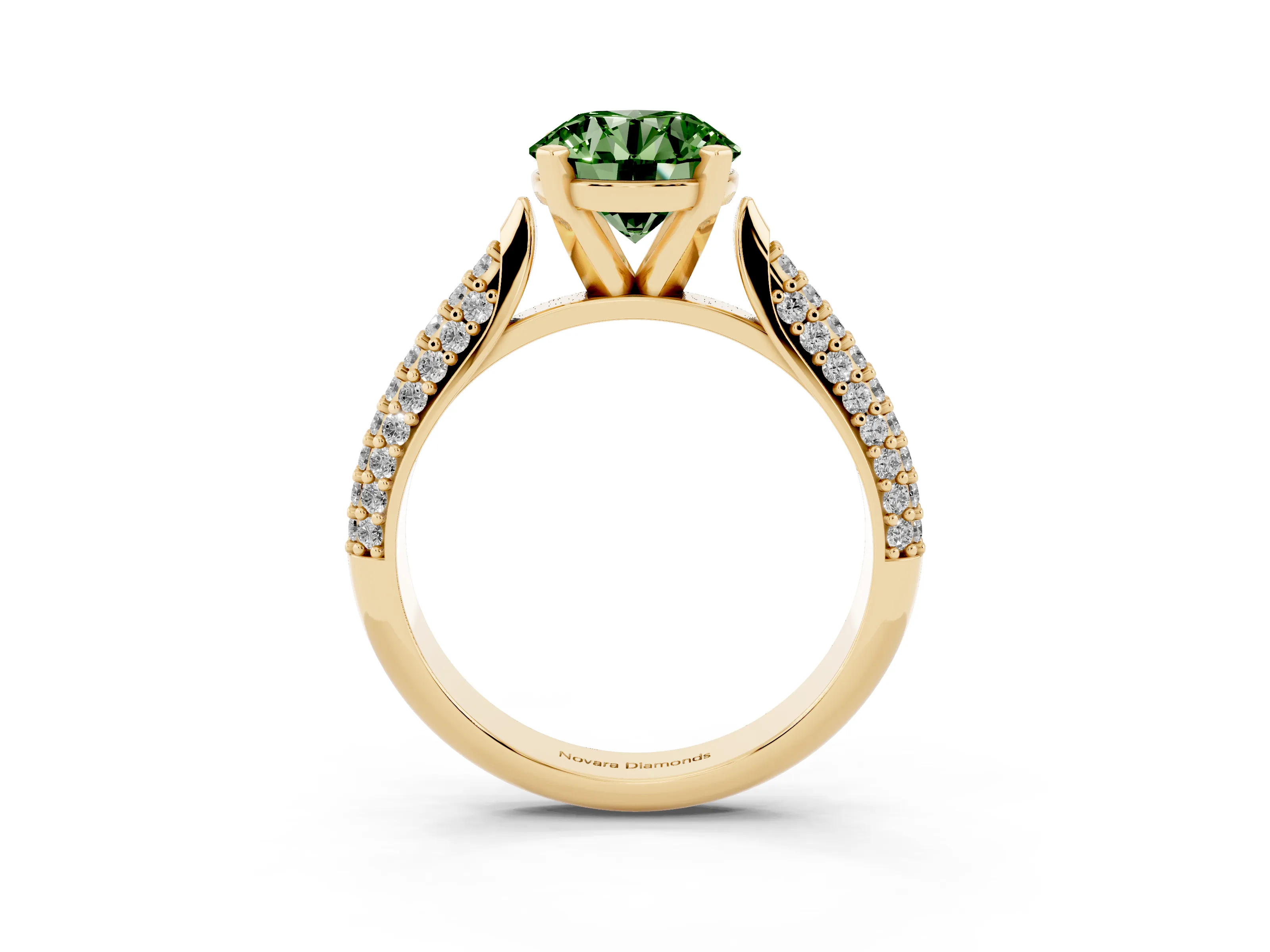 Fancy Green Round Cut Diamond Solitaire Engagement Ring Set in Yellow gold with Multi-Row Round Pavé Band and Prong Setting