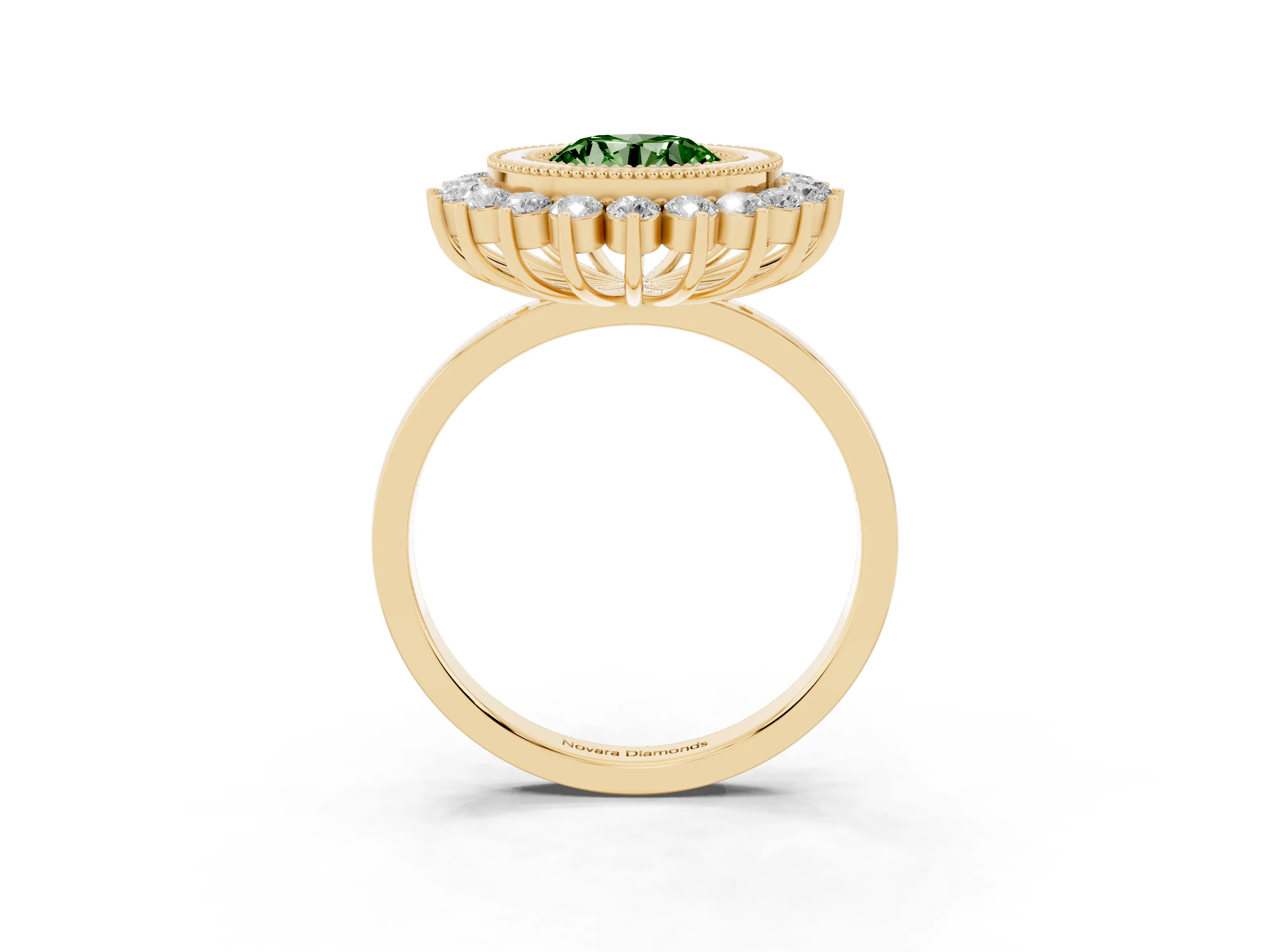 Fancy Green Round Cut Diamond Halo Ring Set in Yellow gold with Milgrain Edge and Round Prong Setting