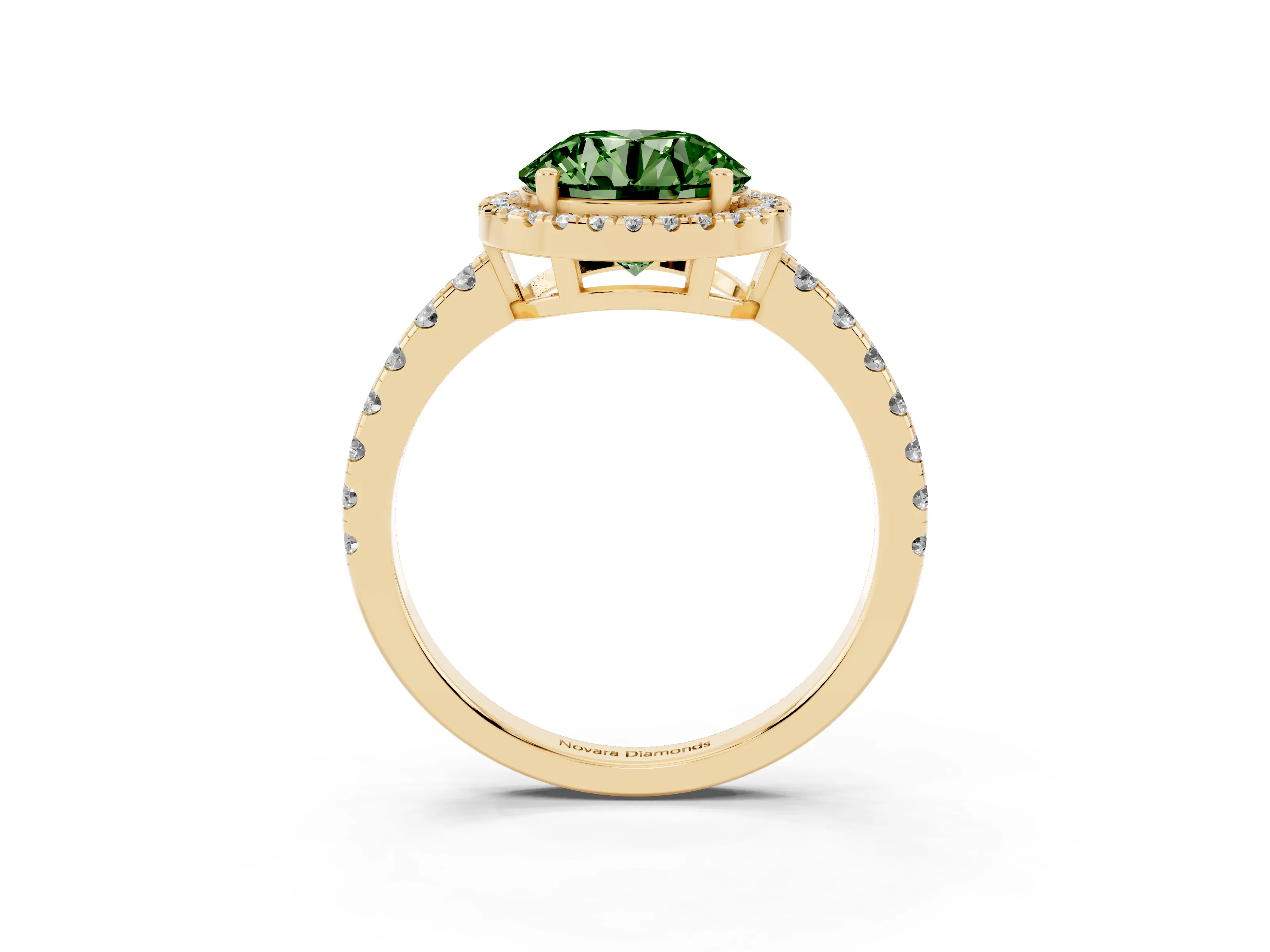 Fancy Green Round Cut Diamond Halo Ring Set in Yellow gold with Delicate Pavé Band and Prong Setting