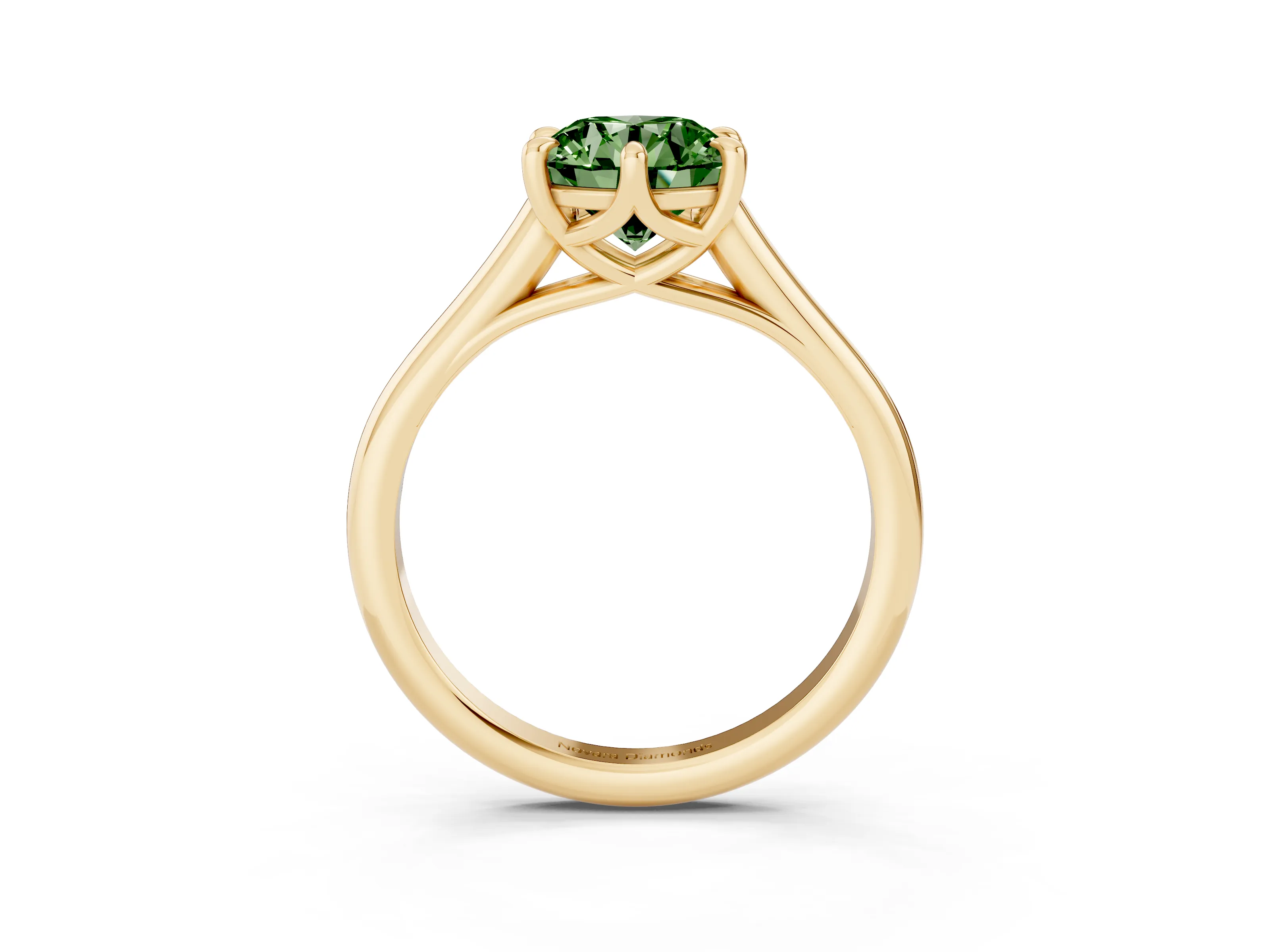Fancy Green Round Cut Diamond Solitaire Engagement Ring Set in Yellow gold with Prong Setting and Plain Classic Band