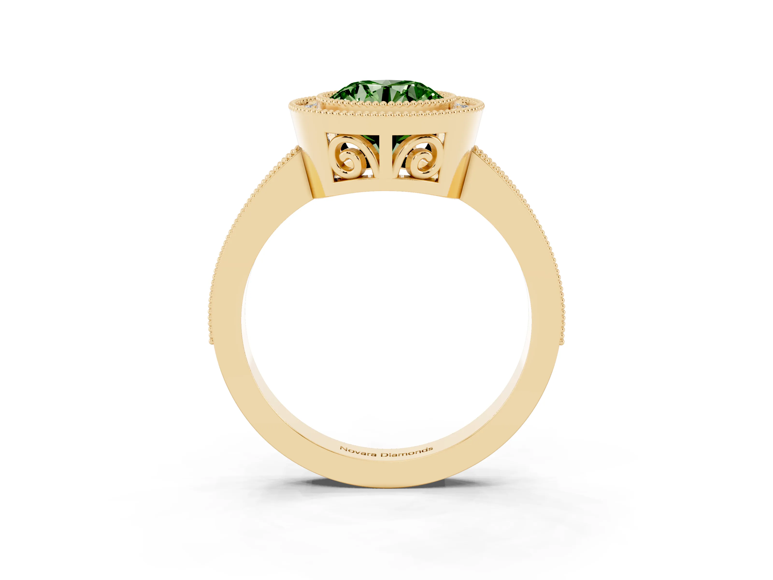 Fancy Green Round Cut Diamond Round Halo Ring Set in Yellow gold with Pavé Band