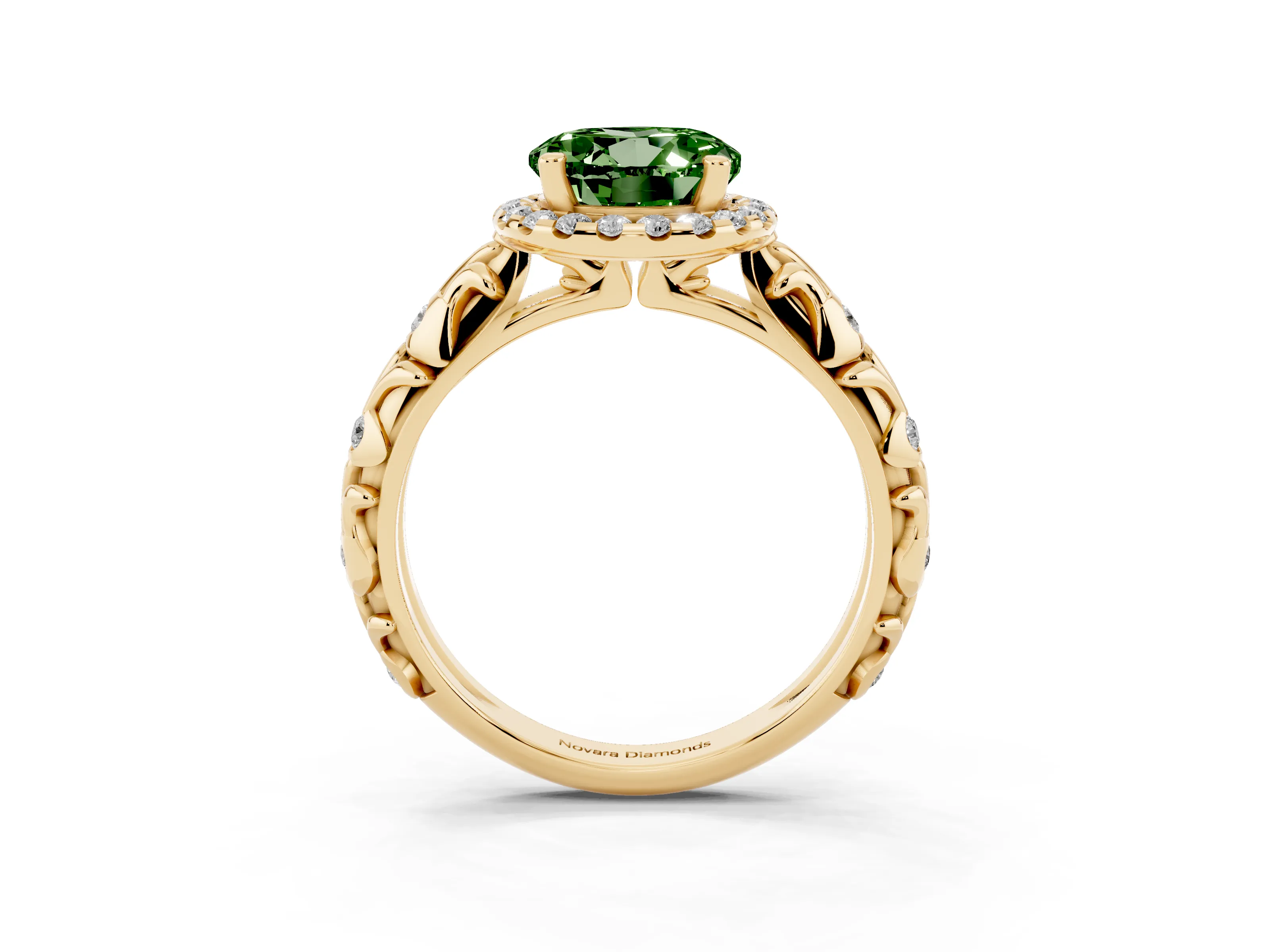 Fancy Green Round Cut Diamond Halo Ring Set in Yellow gold with Filigree Leaf Band and Prong Setting