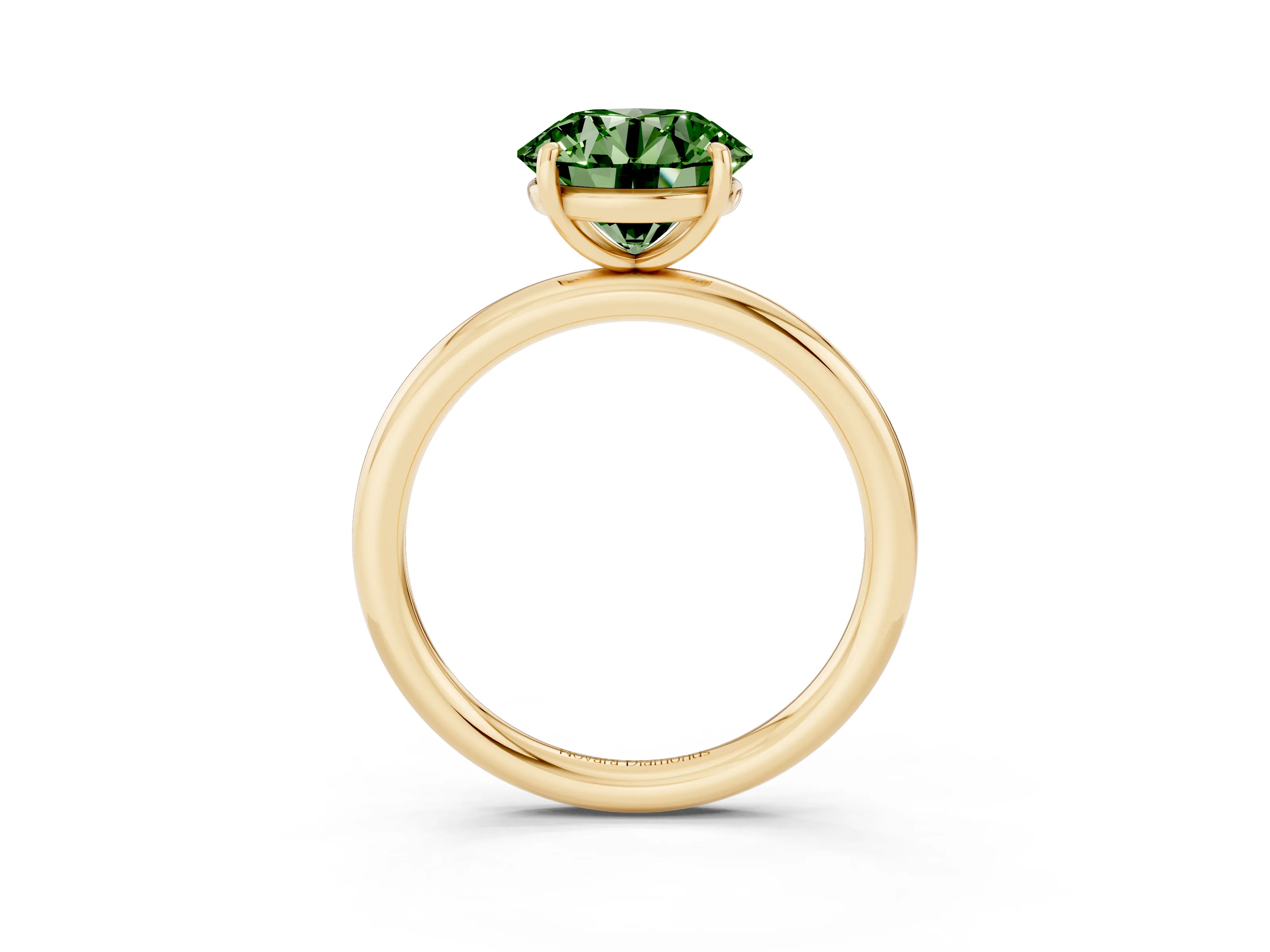 Fancy Green Round Cut Diamond Solitaire Ring Set in Yellow gold with Prong Setting on a Polished Plain Band