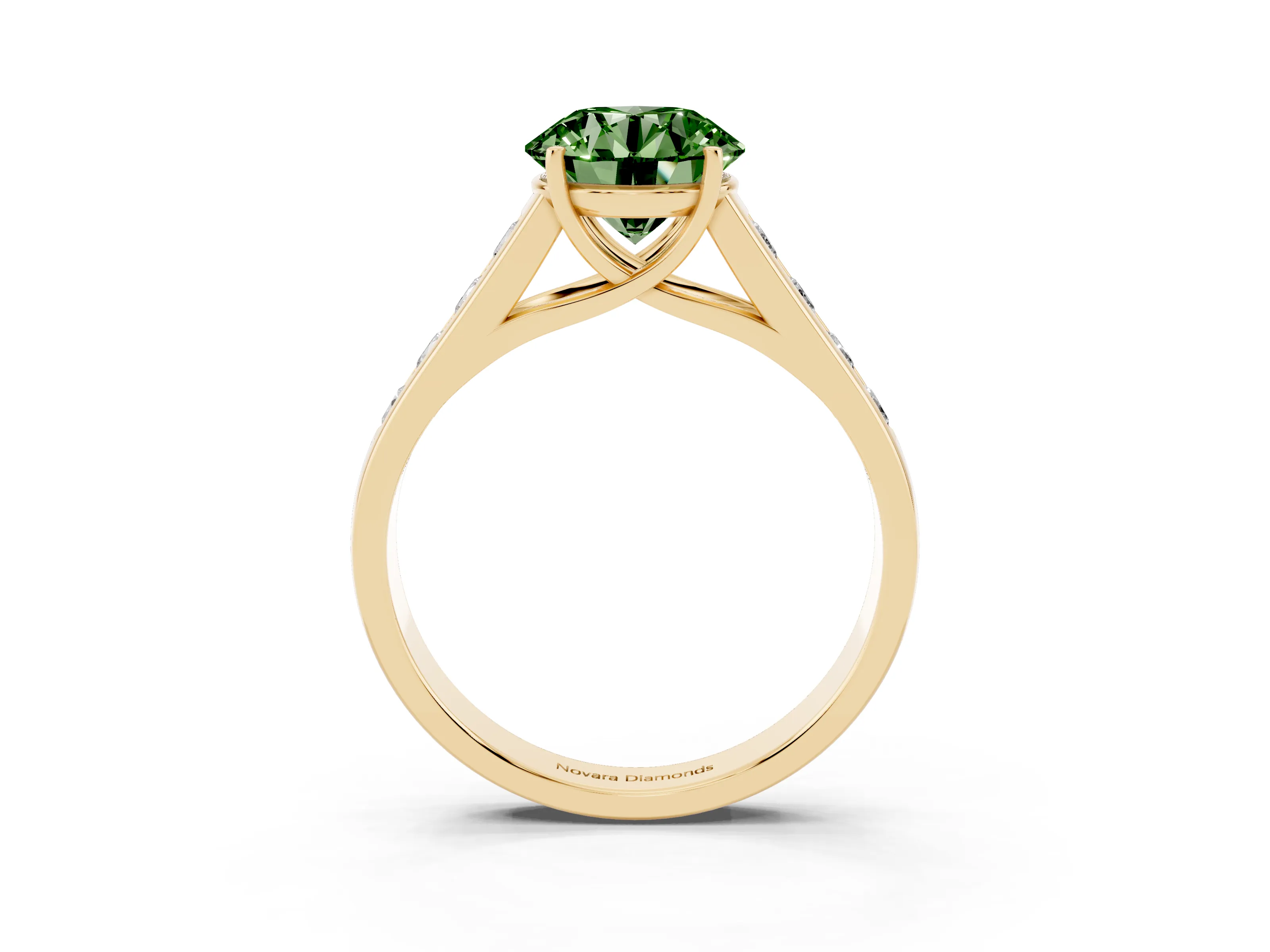 Fancy Green Round Cut Diamond Solitaire Channel-Set Engagement Ring Set in Yellow gold with Prong Setting