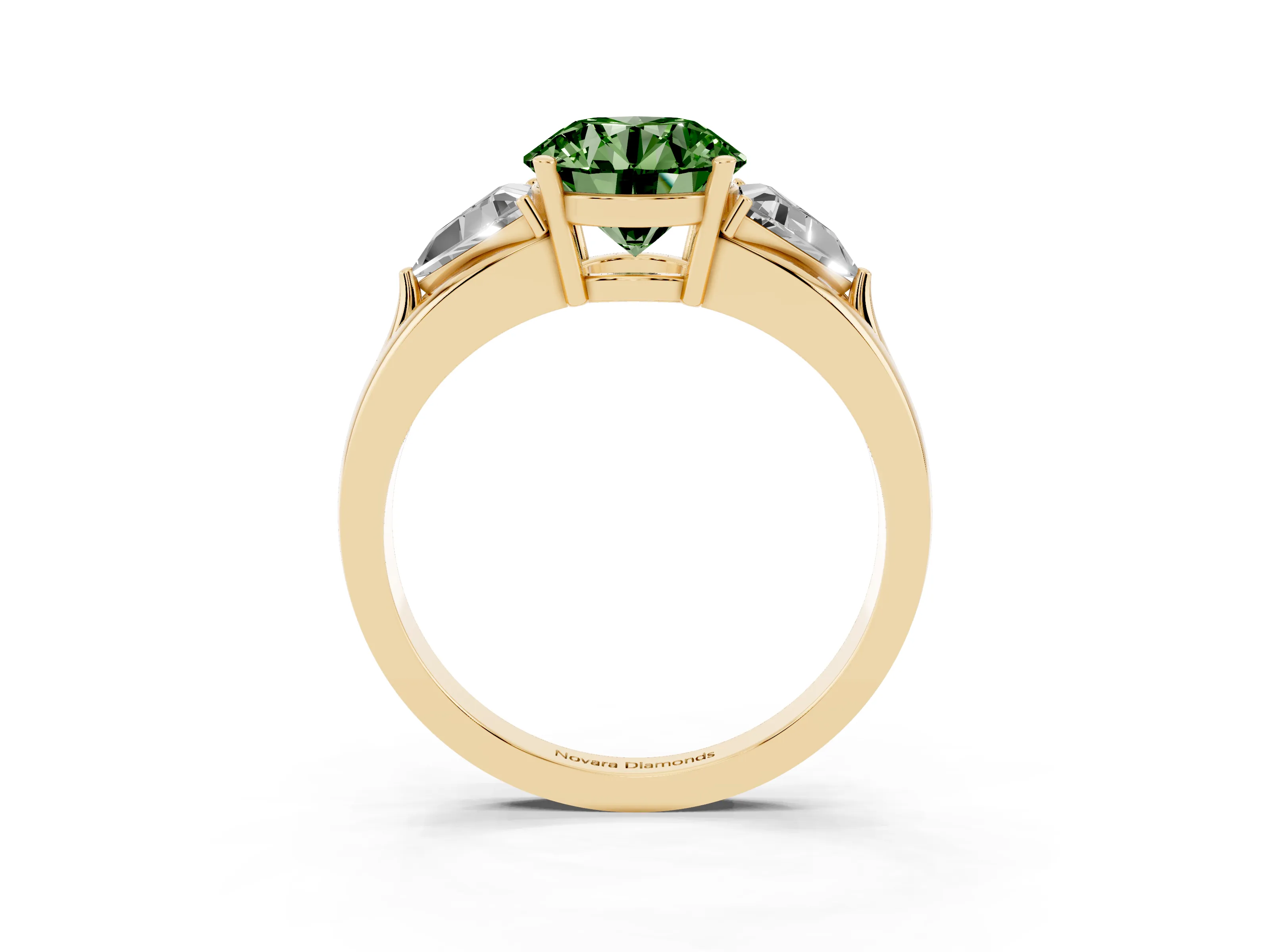 Fancy Green Round Cut Diamond Three-Stone Ring Set in Yellow gold with Trillion Side Stones and Split Shank