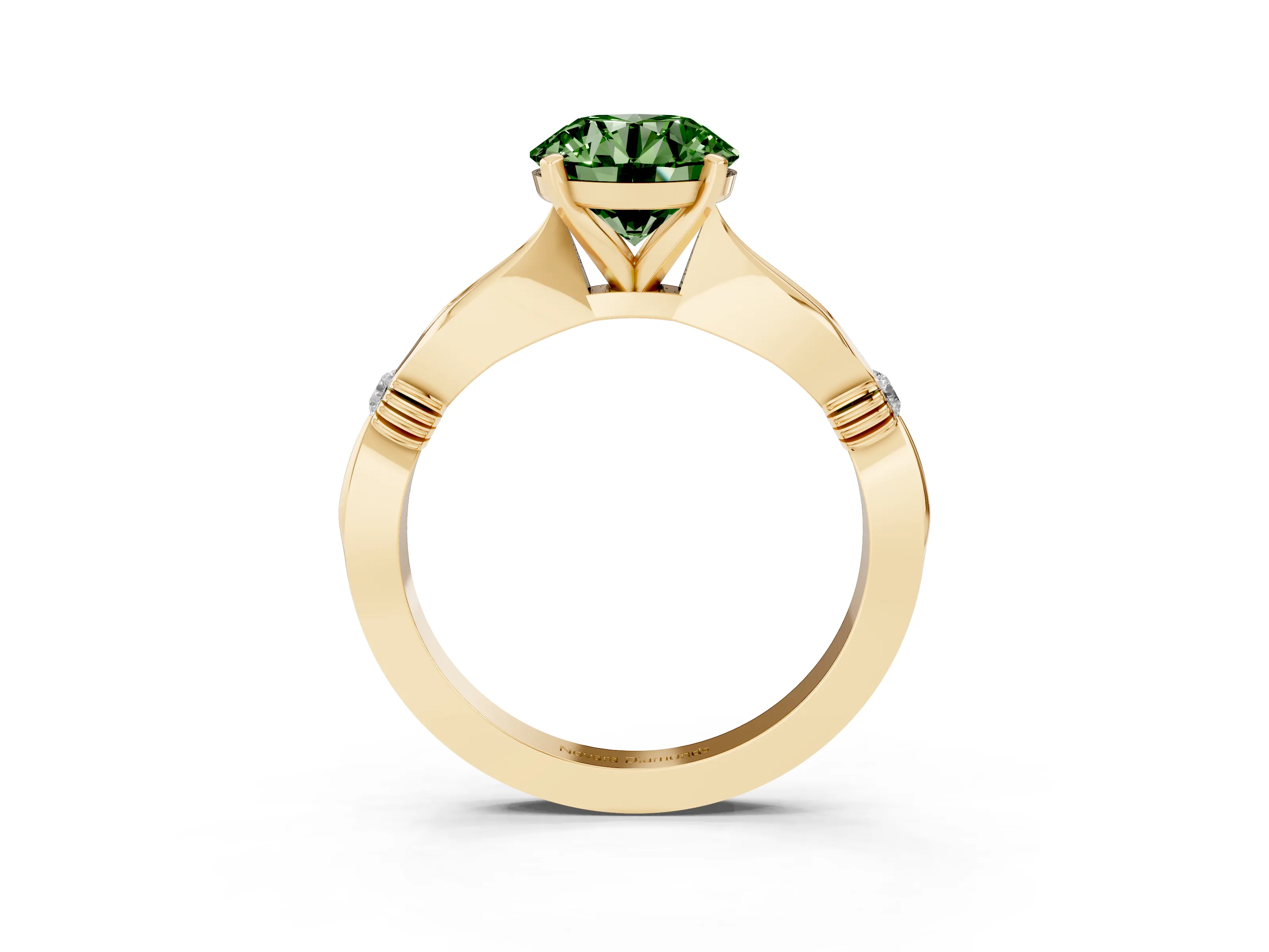 Fancy Green Round Cut Diamond Solitaire Twisted Band Ring Set in Yellow gold with Accent Stones and Prong Setting
