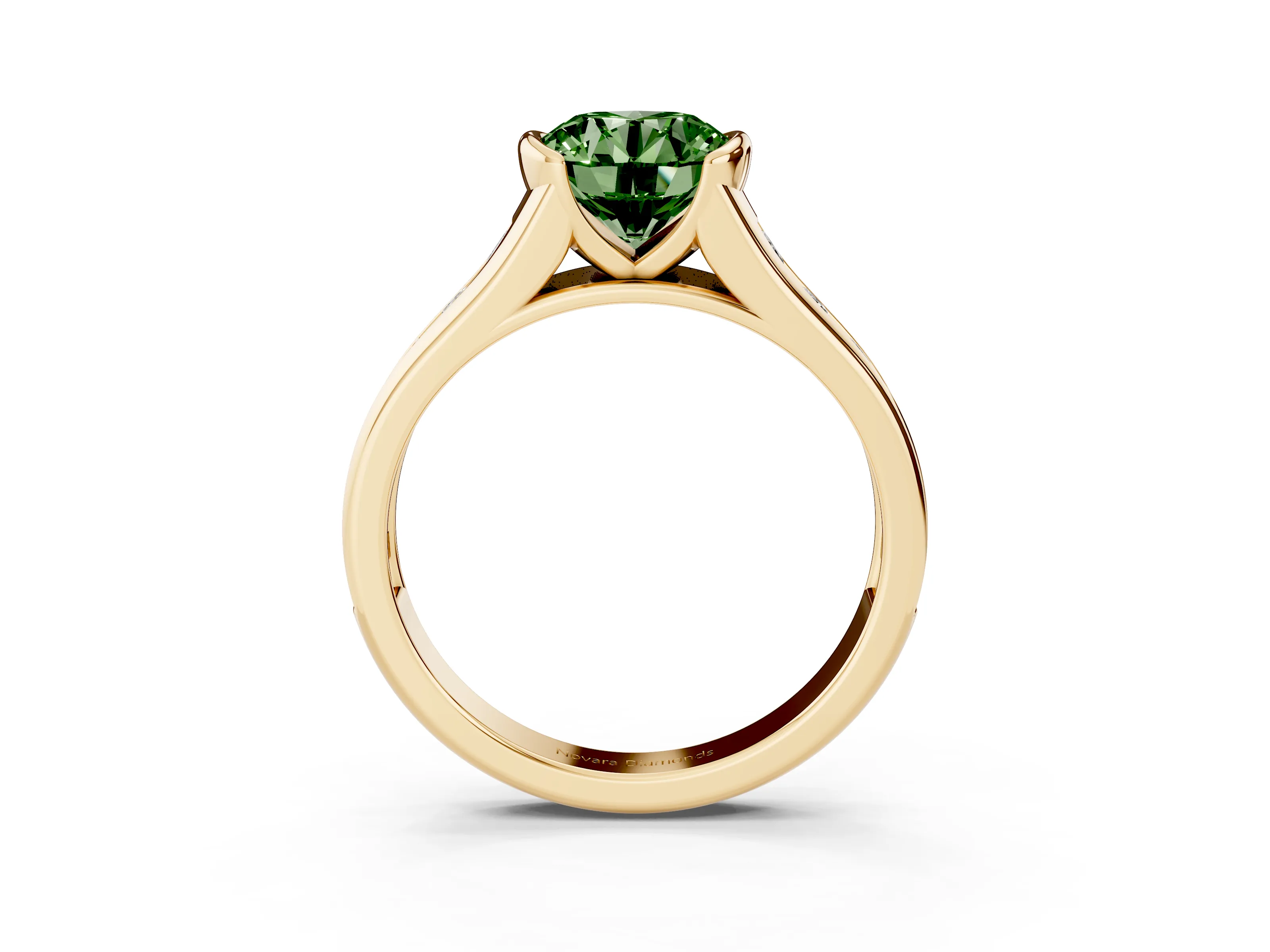 Fancy Green Round Cut Diamond Bezel-Set Solitaire Ring Set in Yellow gold with Channel-Set Band