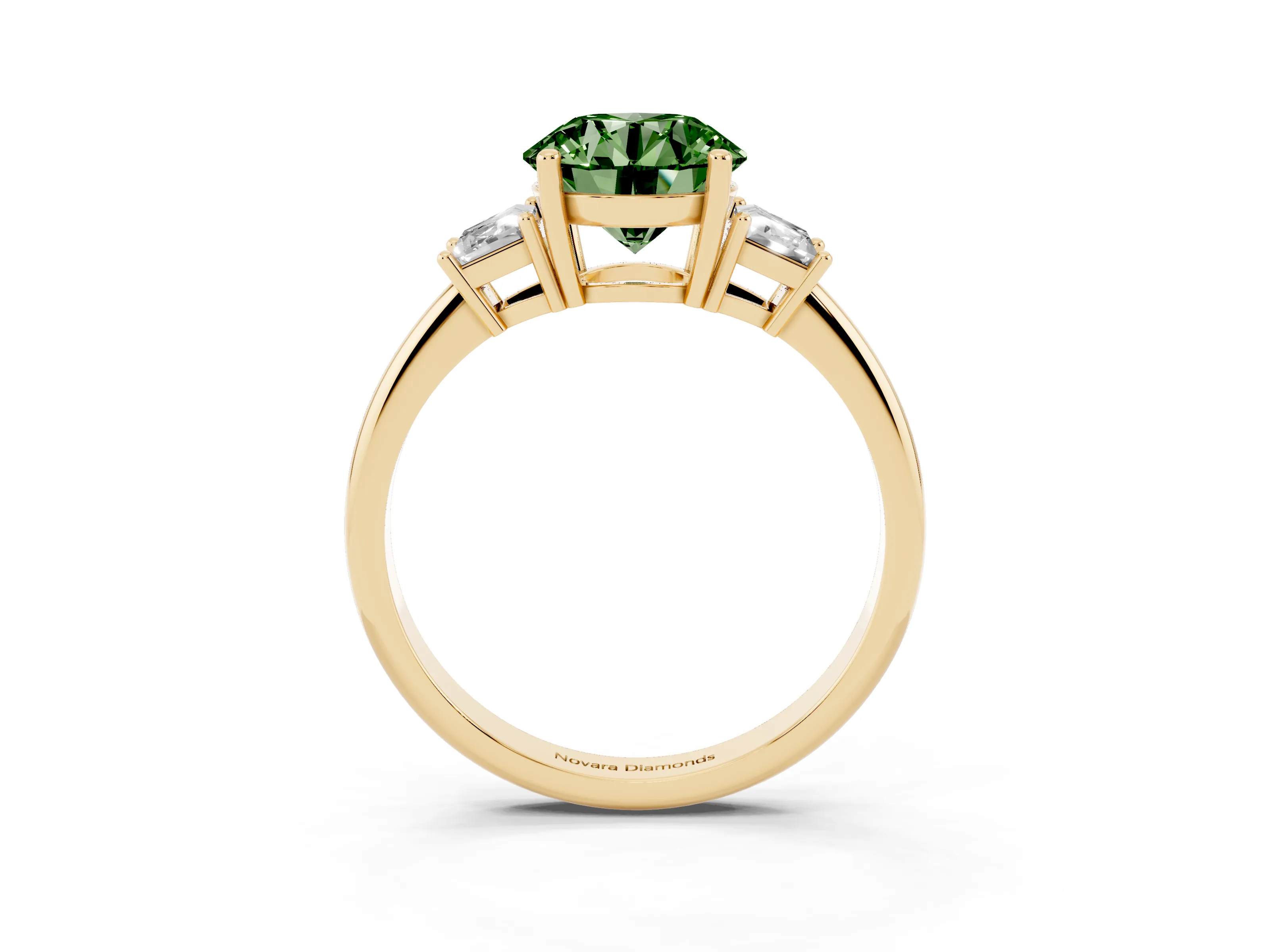 Fancy Green Round Cut Diamond Three-Stone Ring Set in Yellow gold with Trapezoid Side Stones and Prong Setting