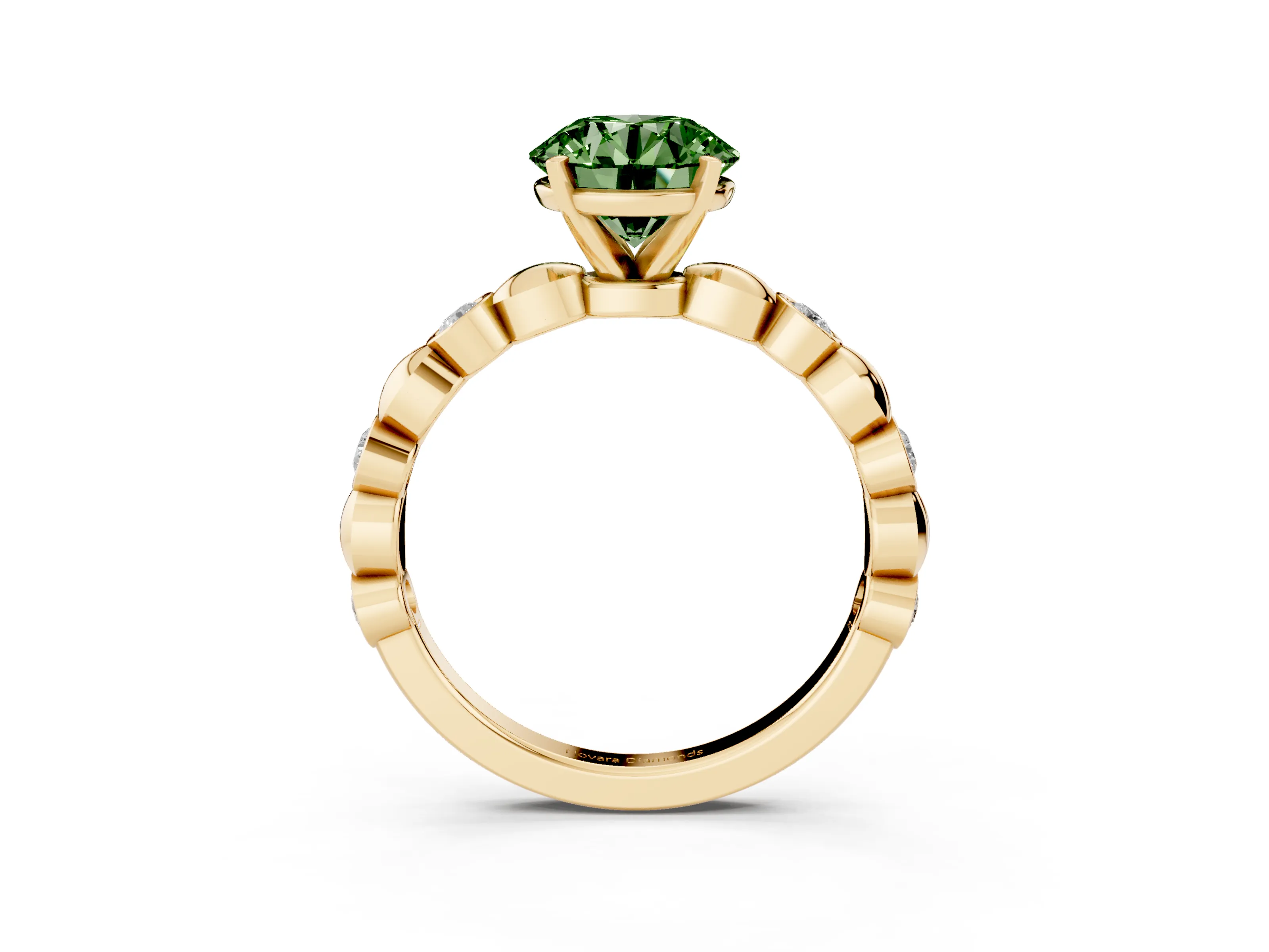 Fancy Green Round Cut Diamond Solitaire Ring Set in Yellow gold with Bezel-Set Accents on Beaded Band and Prong Setting
