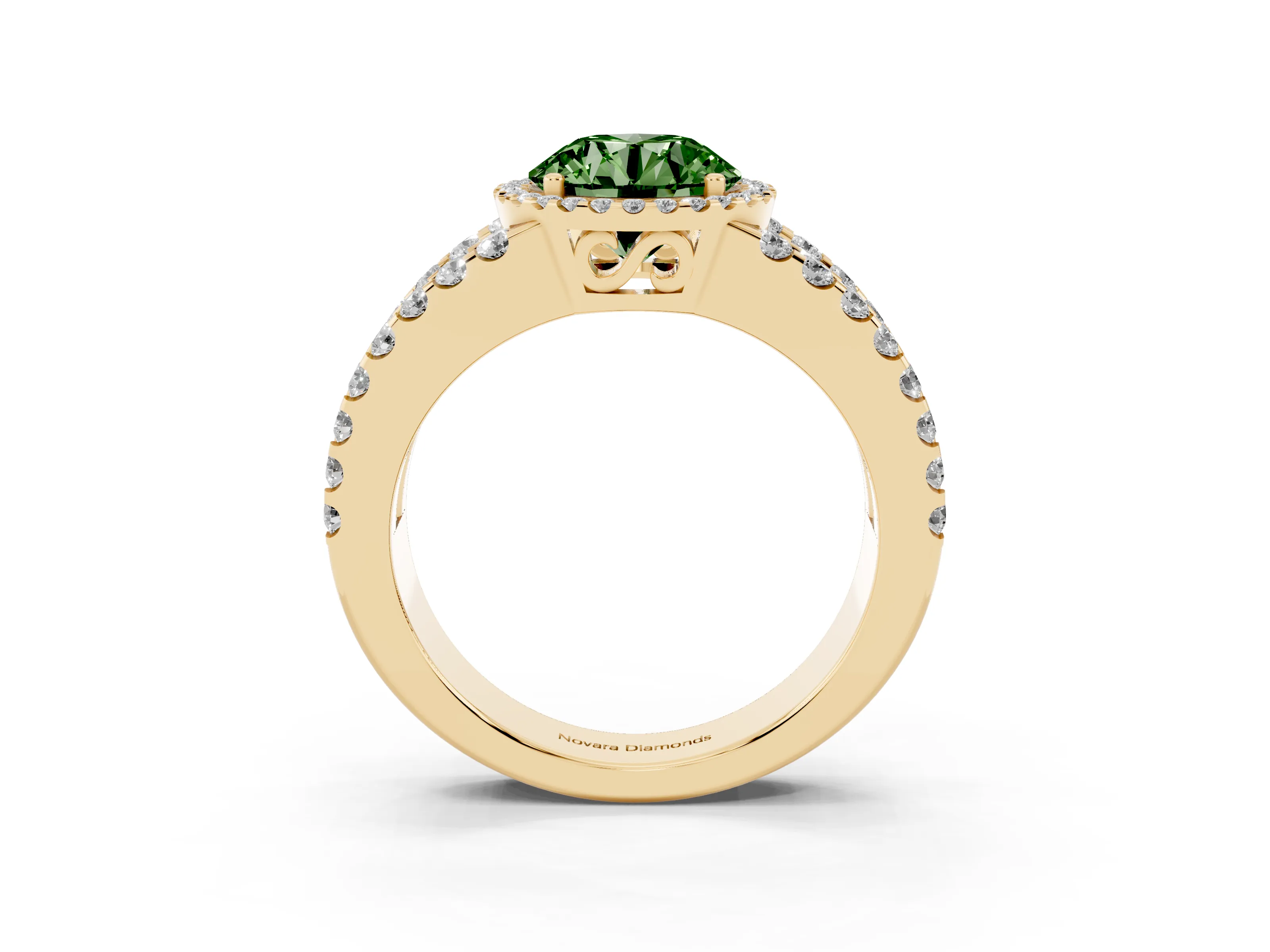 Fancy Green Round Cut Diamond Halo Ring Set in Yellow gold with Pavé Split Shank and Prong Setting