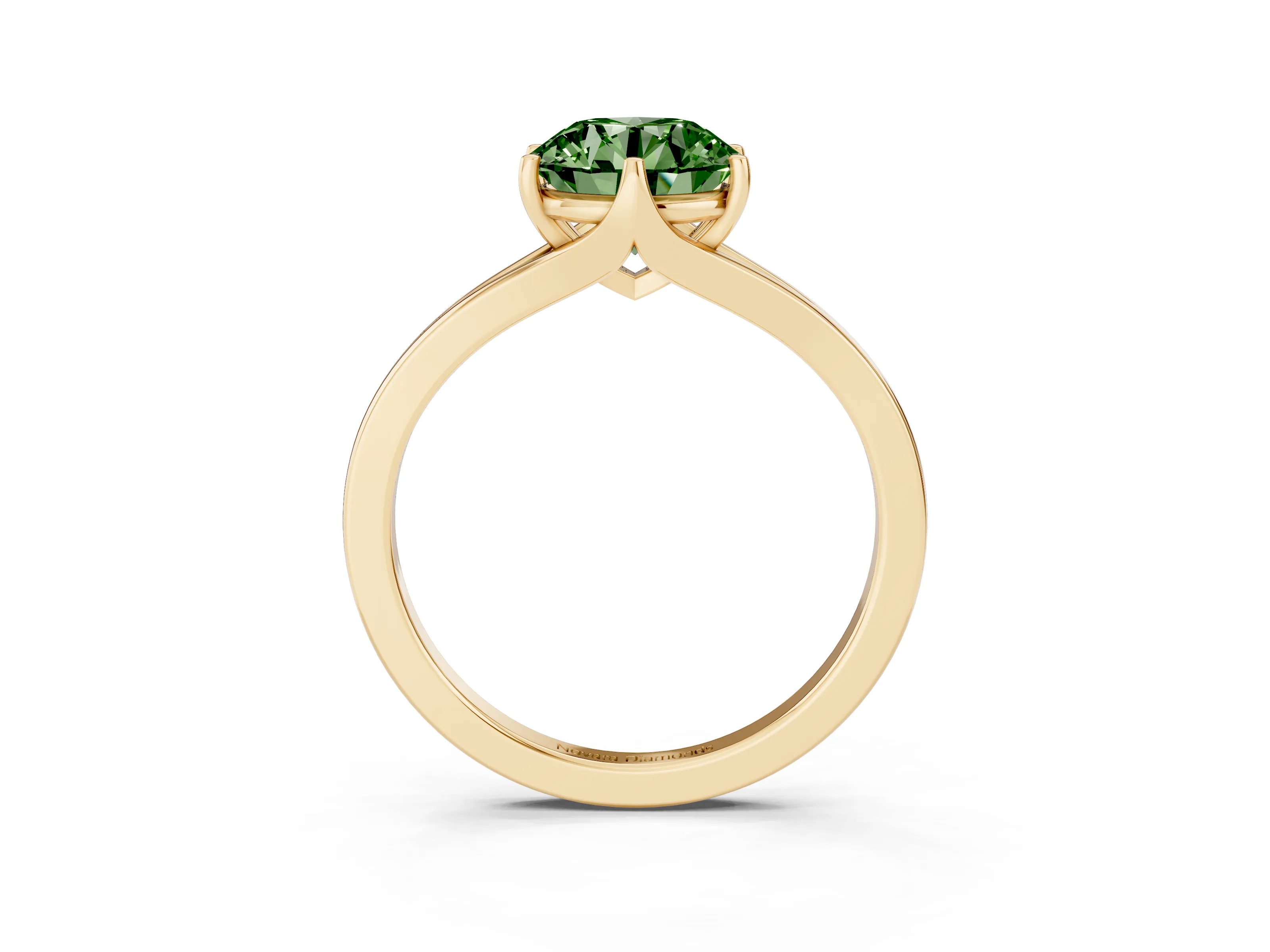 Fancy Green Round Cut Diamond Solitaire Ring Set in Yellow gold with Polished Tapered Band and Prong Setting