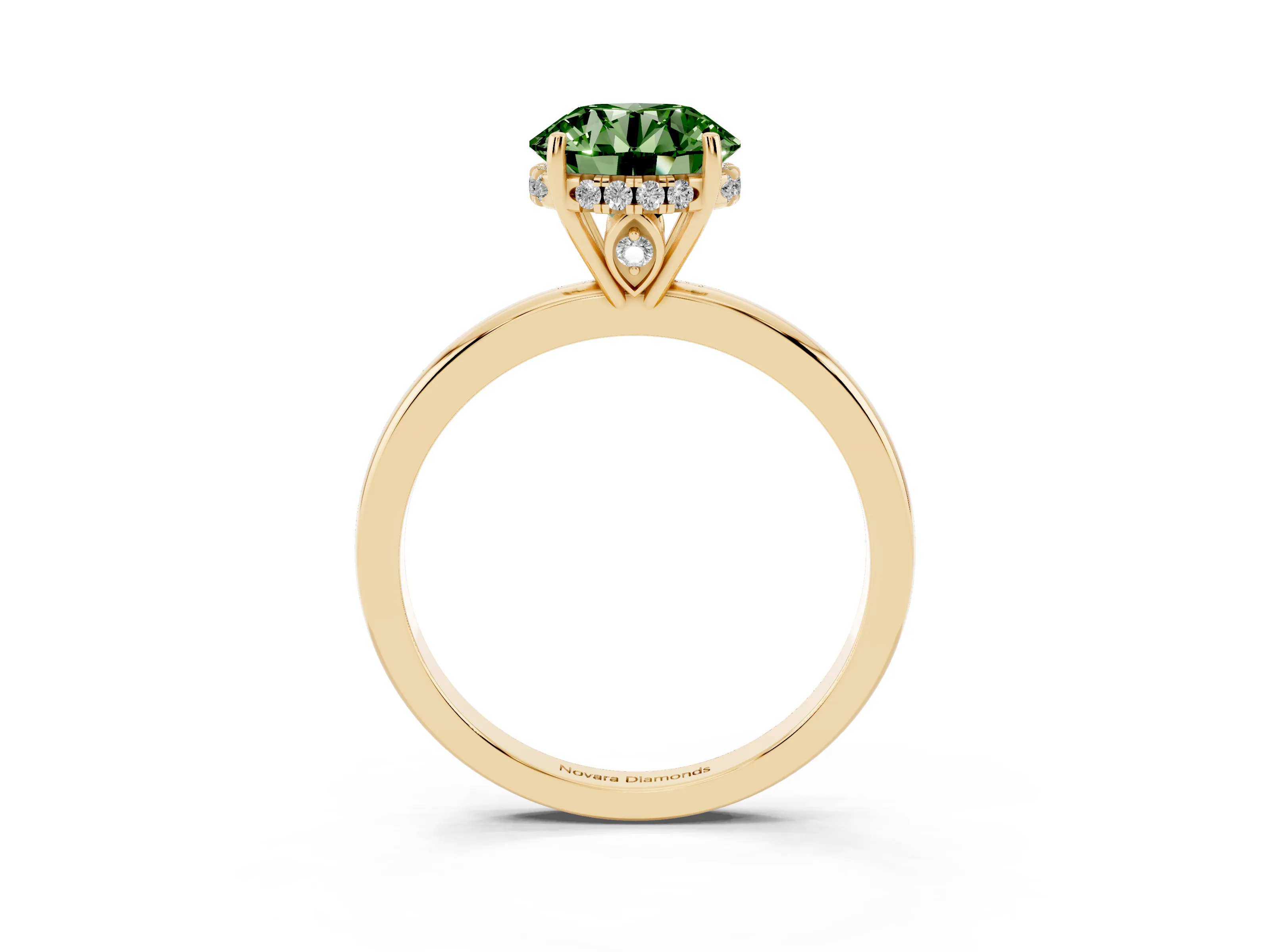Fancy Green Round Cut Diamond Solitaire Ring Set in Yellow gold with Plain Band and Prong Setting
