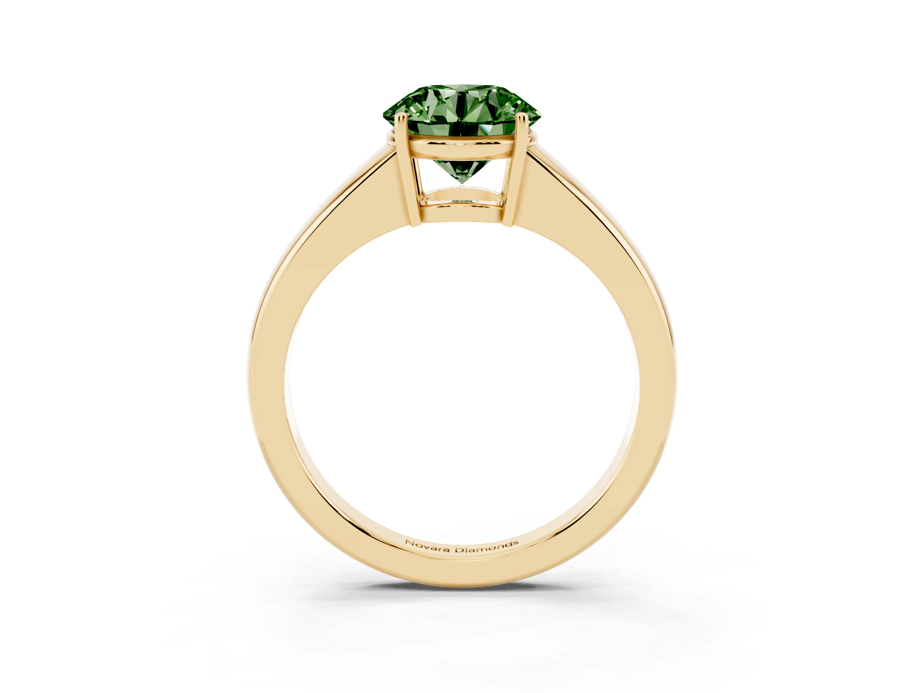 Fancy Green Round Cut Diamond Solitaire Ring Set in Yellow gold with Tapered Band and Prong Setting