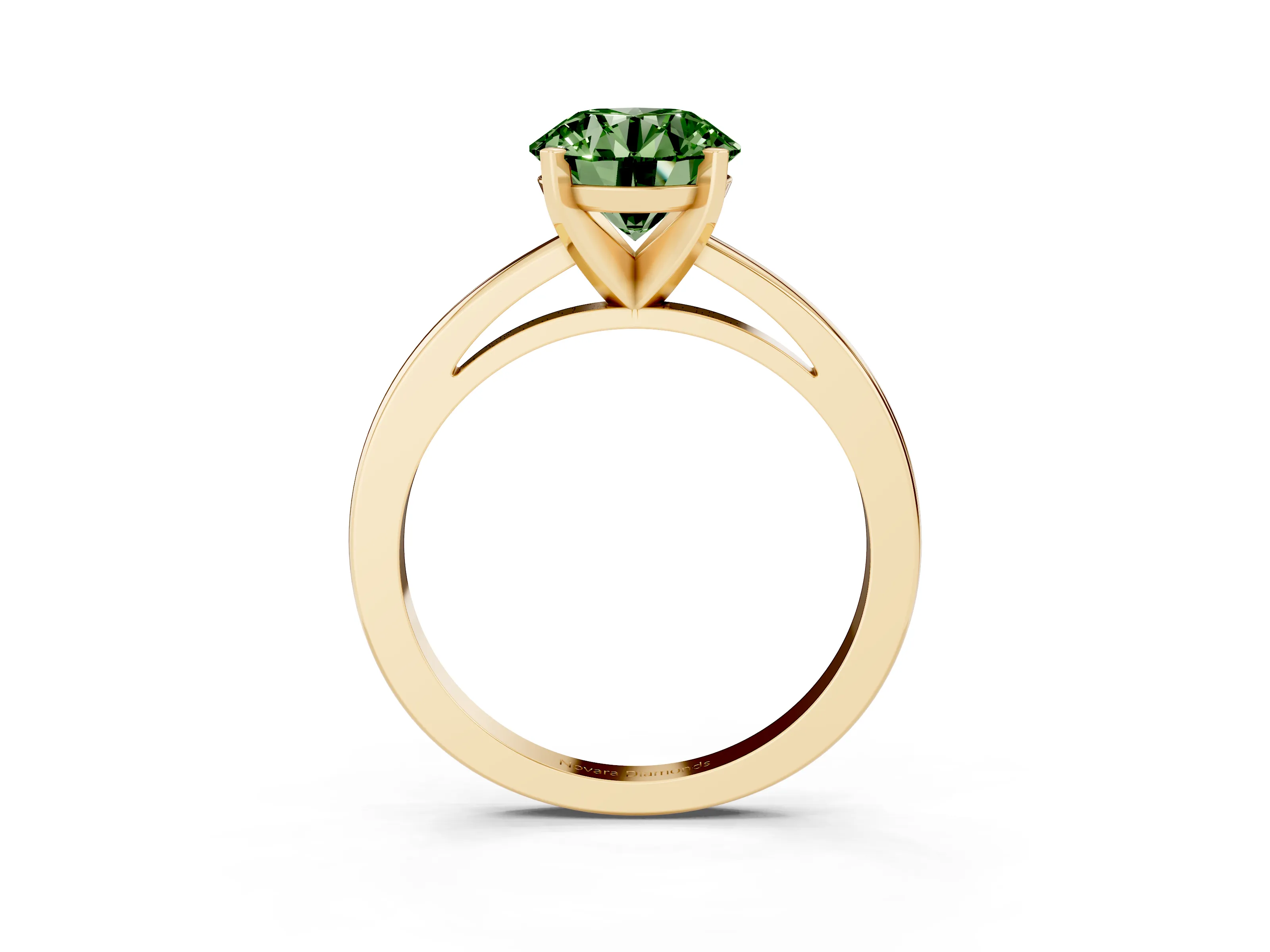 Fancy Green Round Cut Diamond Solitaire Engagement Ring Set in Yellow gold with Prong Setting on a Classic Band
