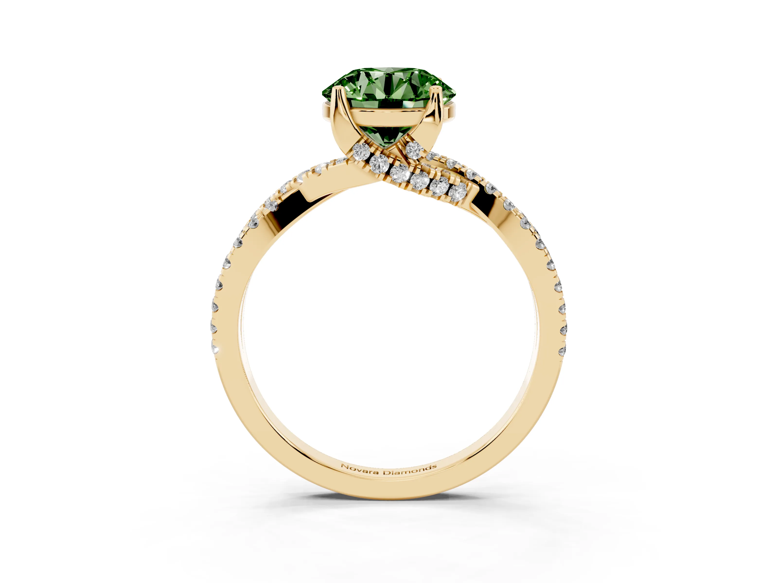 Fancy Green Round Cut Diamond Twist Pavé Solitaire Engagement Ring Set in Yellow gold with Prong Setting