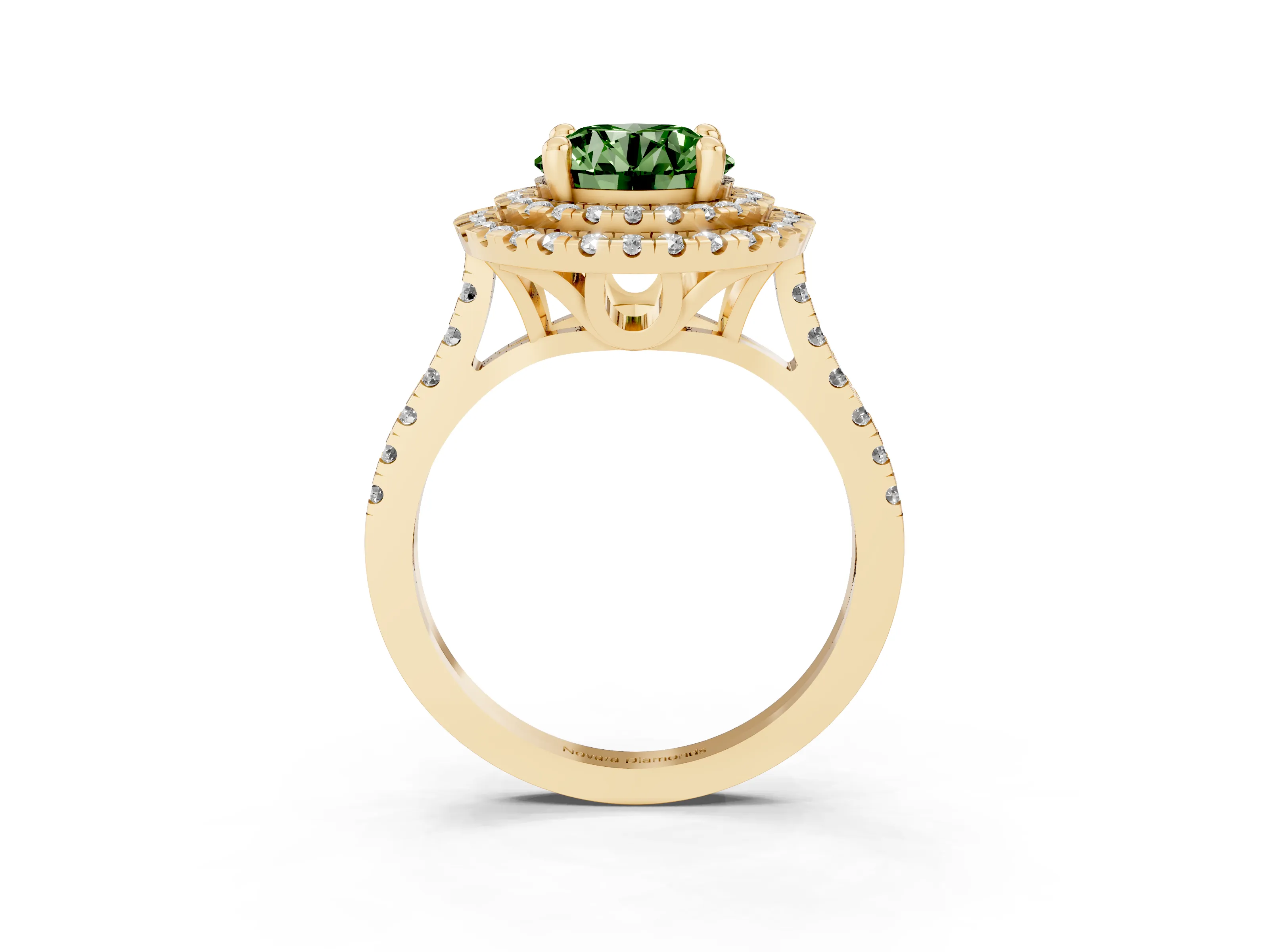 Fancy Green Round Cut Diamond Double Halo Statement Ring Set in Yellow gold with Pavé Band