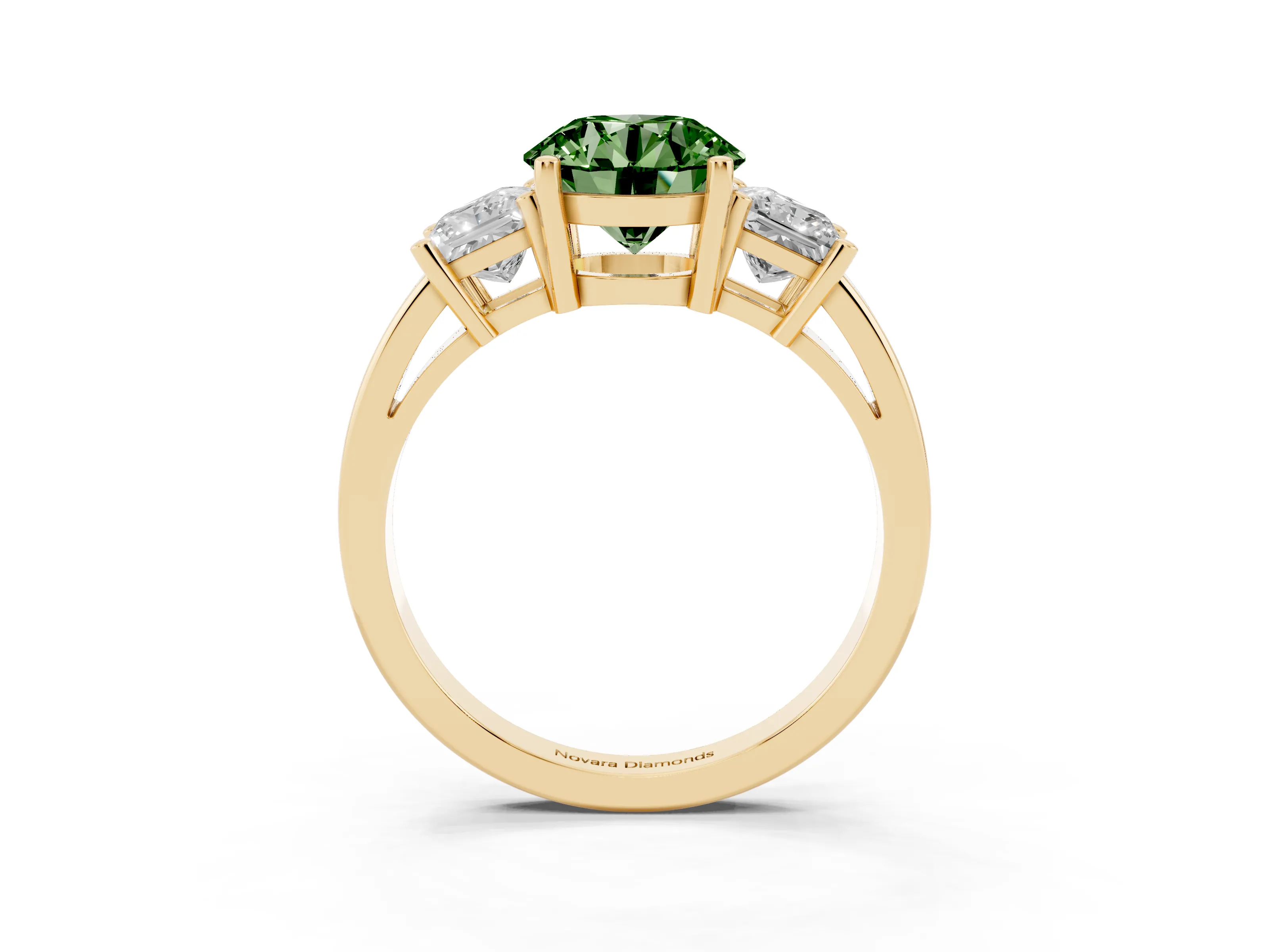Fancy Green Three-Stone Round Cut Diamond Solitaire Ring Set in Yellow gold with Prong Setting