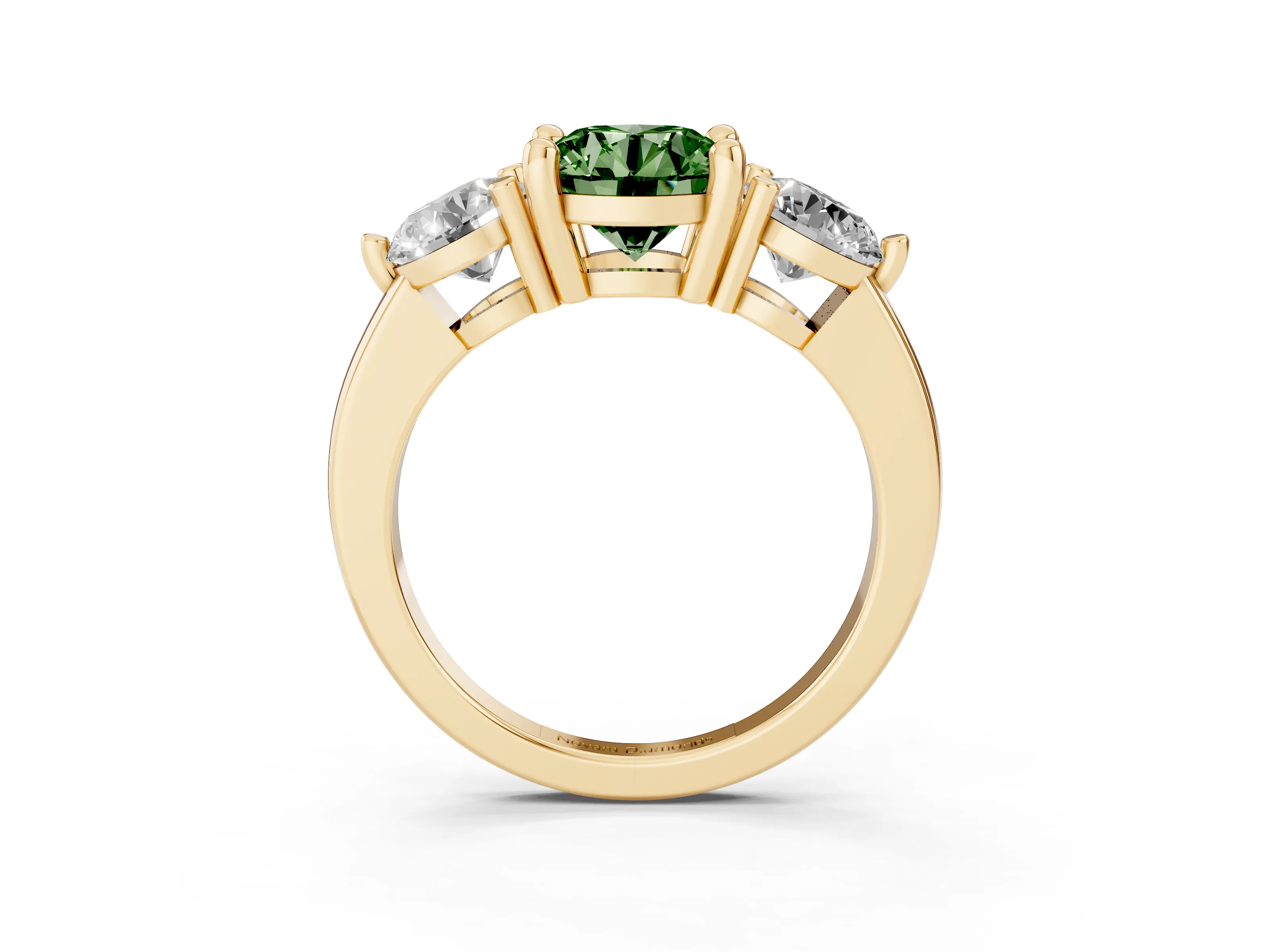 Fancy Green Round Cut Diamond Three-Stone Ring Set in Yellow gold with Prong Setting and Classic Band