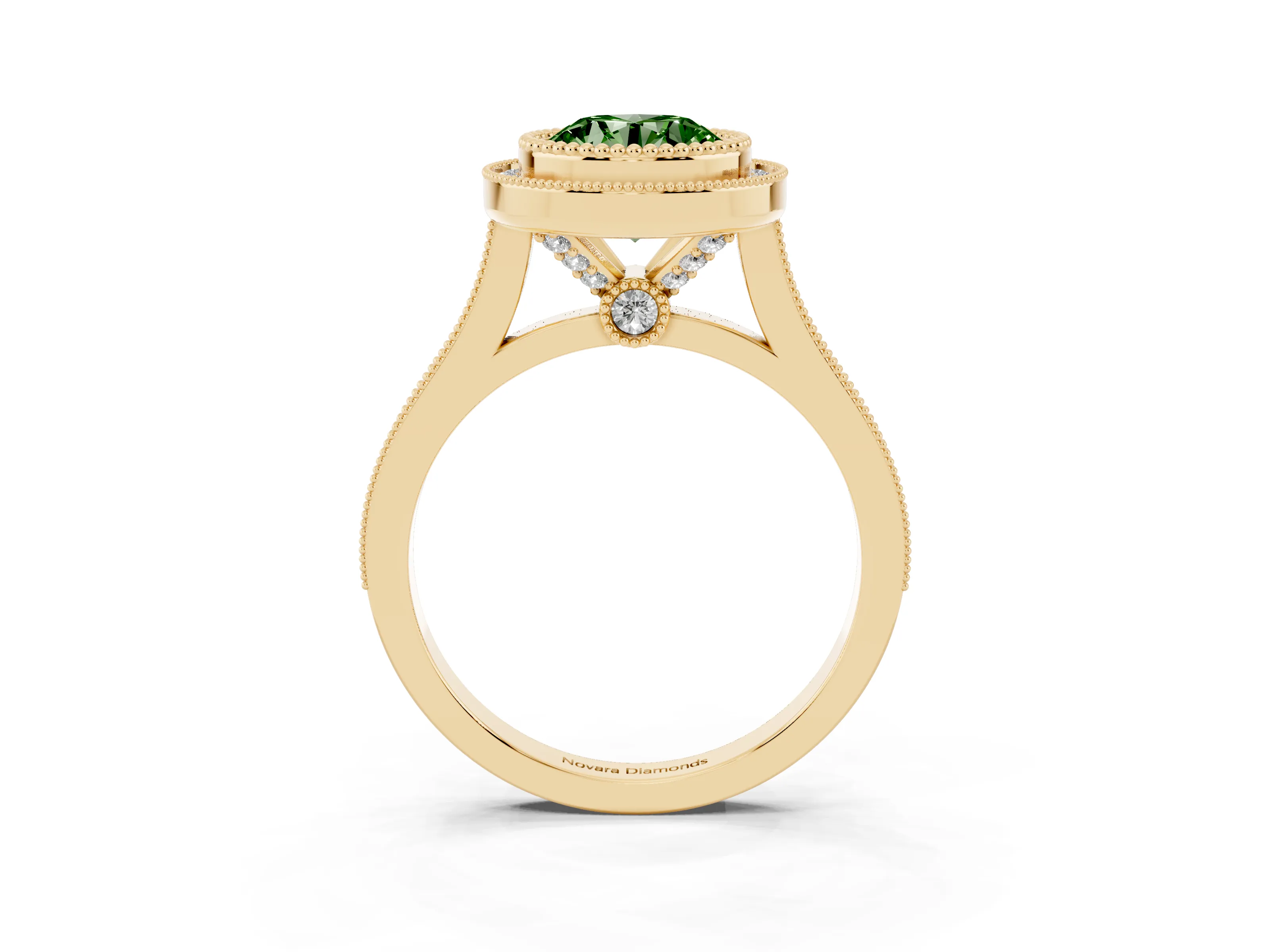 Fancy Green Round Cut Diamond Halo Ring Set in Yellow gold with Milgrain Frame and Pavé Band
