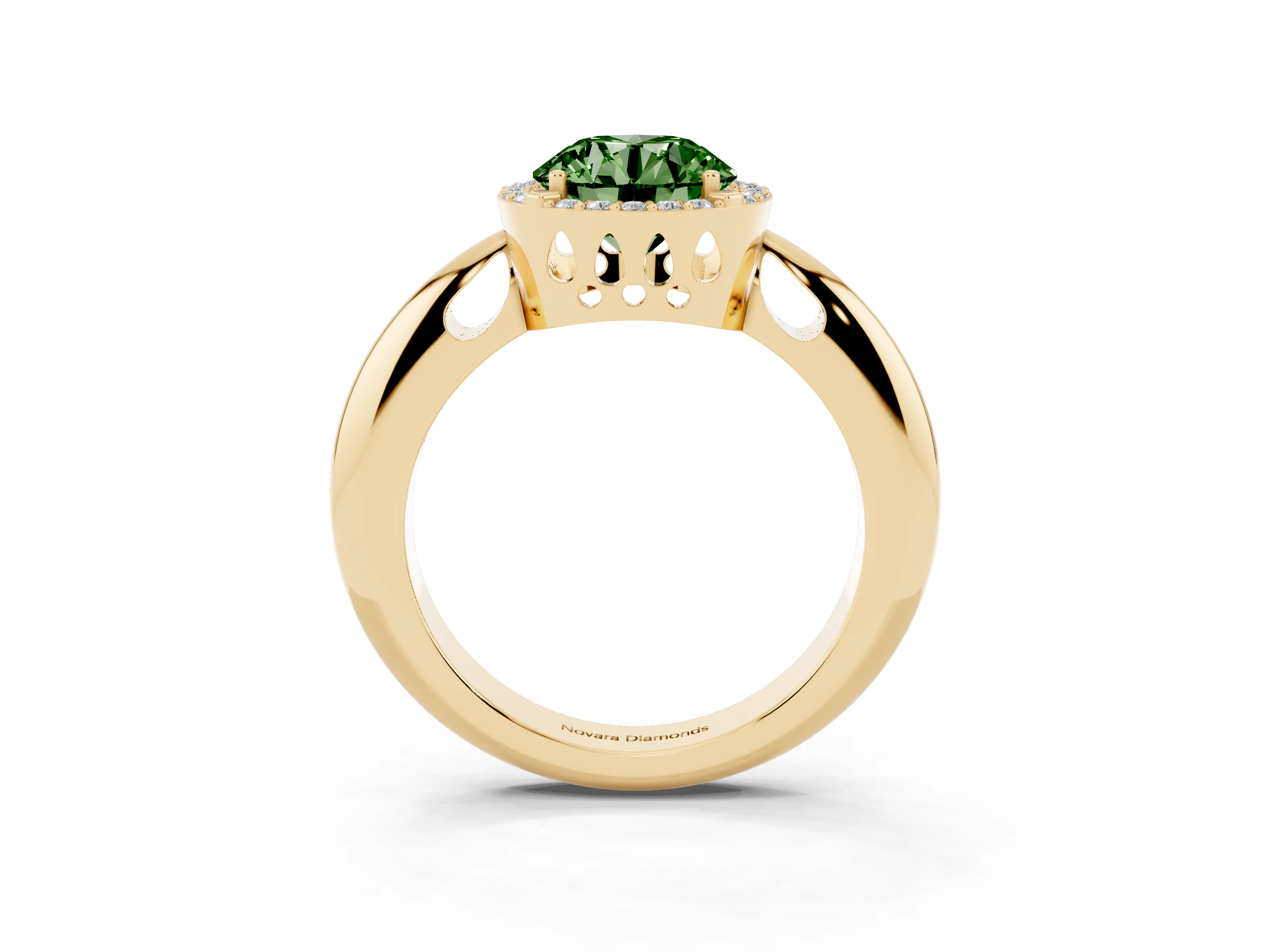 Fancy Green Round Cut Diamond Halo Engagement Ring Set in Yellow gold with Plain Split Shank and Prong Setting