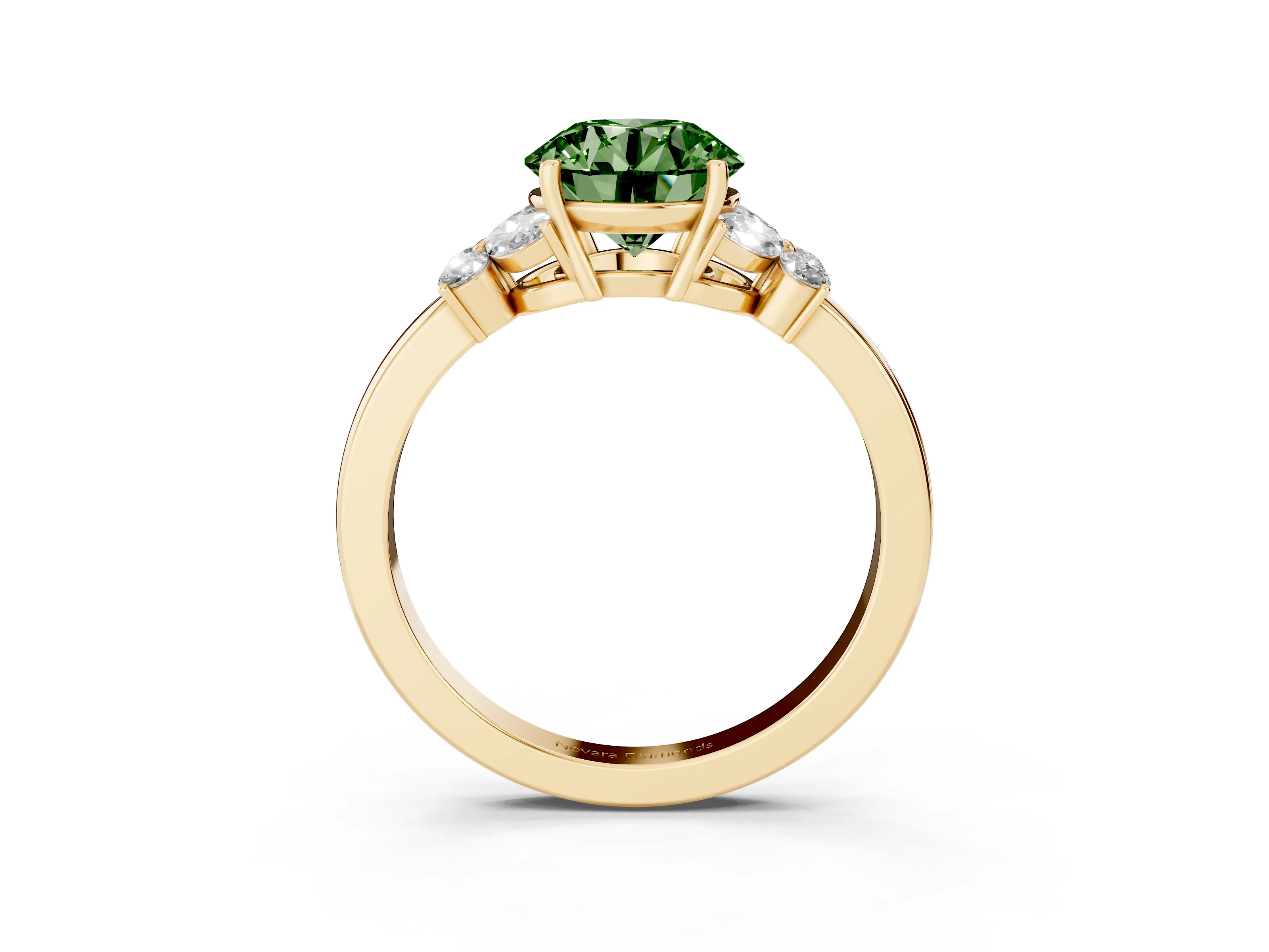 Fancy Green Round Cut Diamond Solitaire Floral Ring Set in Yellow gold with Marquise Petals and Prong Setting