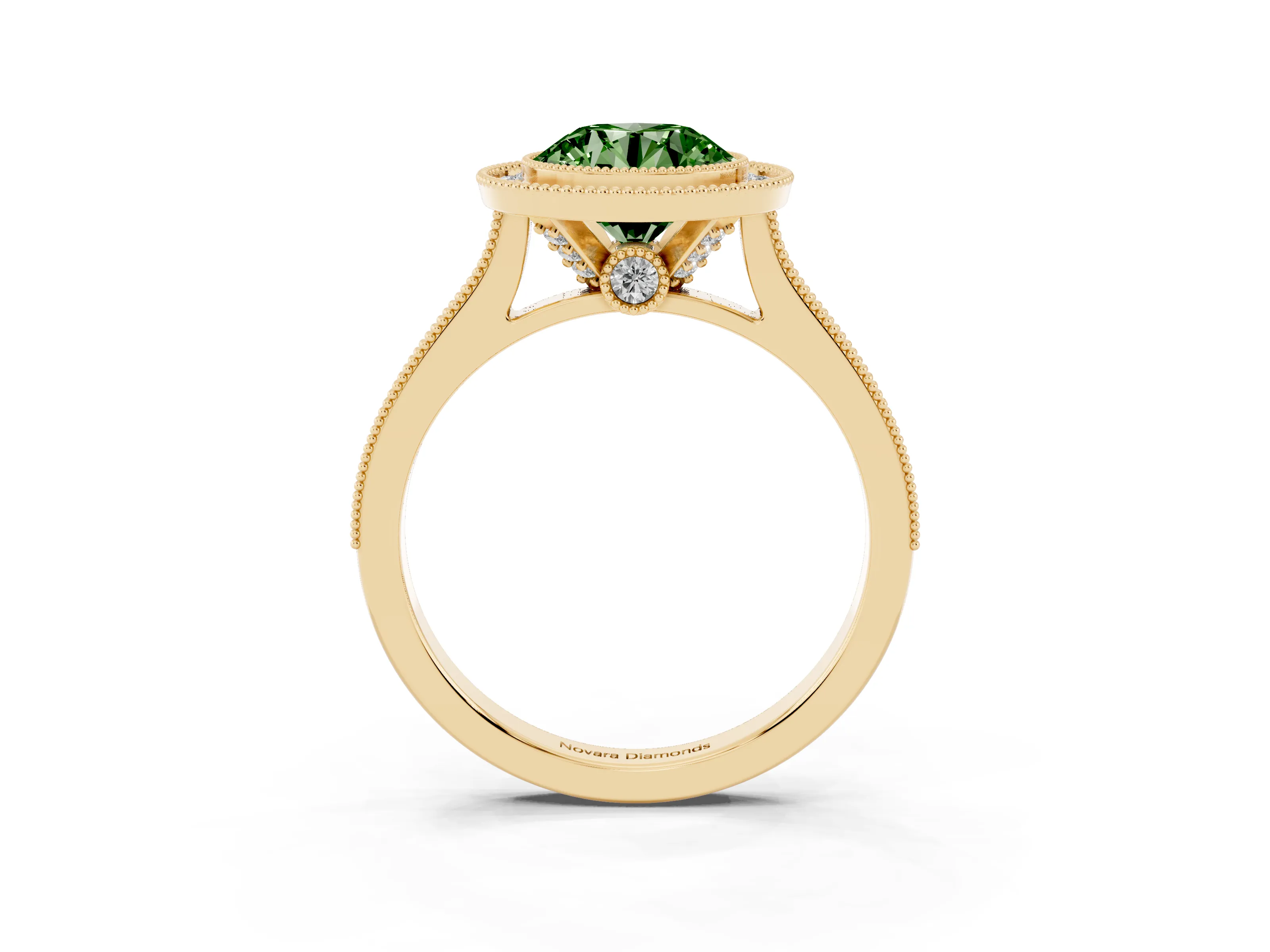 Fancy Green Round Cut Diamond Halo Milgrain Pavé Band Ring Set in Yellow gold with Prong Setting
