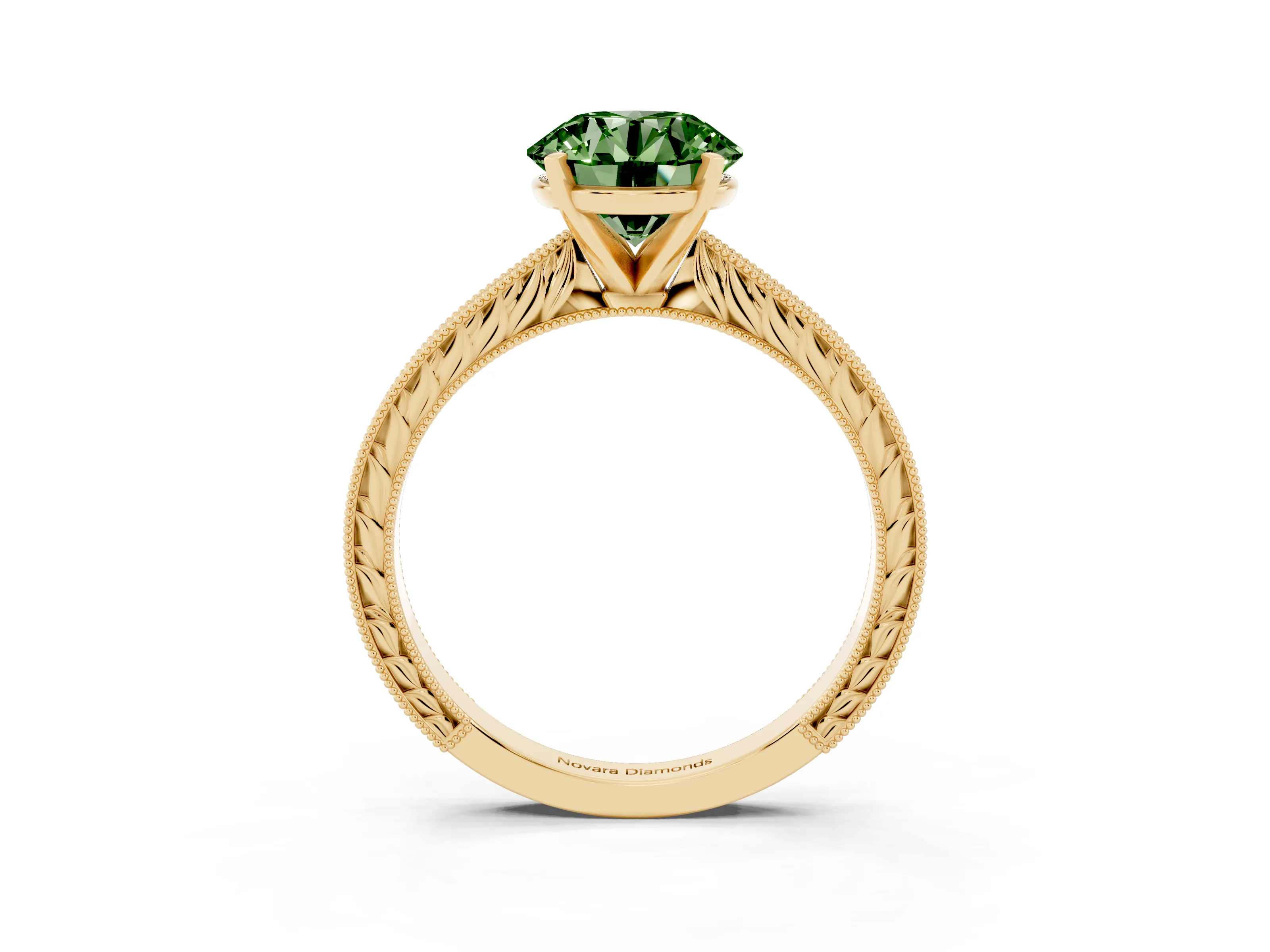 Fancy Green Round Cut Diamond Solitaire Milgrain Engraved Band Set in Yellow gold with Prong Setting