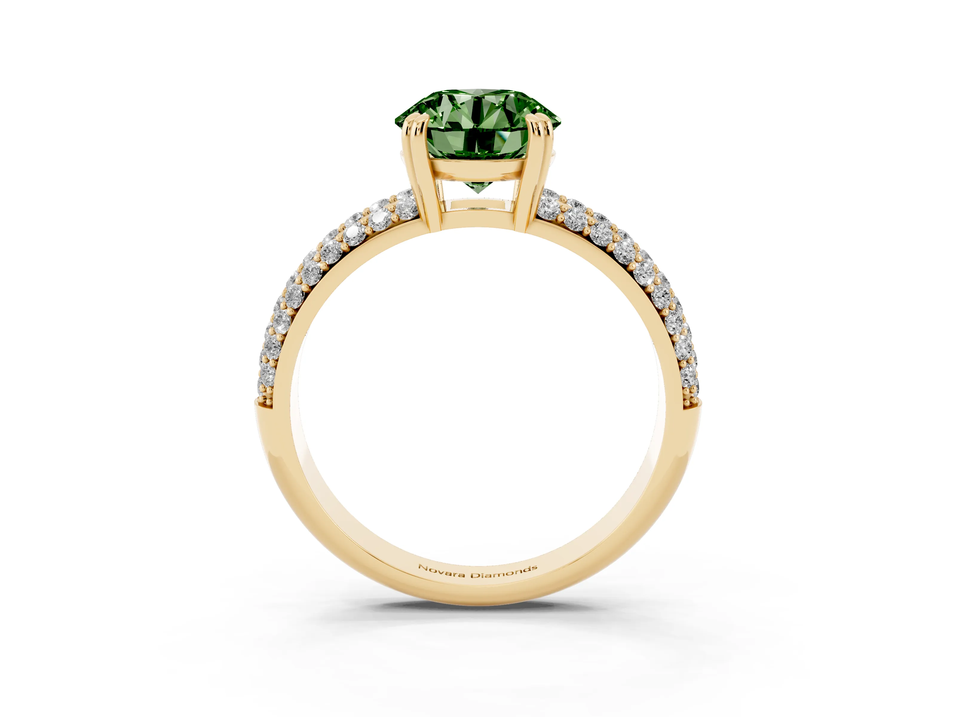 Fancy Green Round Cut Diamond Solitaire Ring Set in Yellow gold with Multi-Row Round Pavé Band and Prong Setting