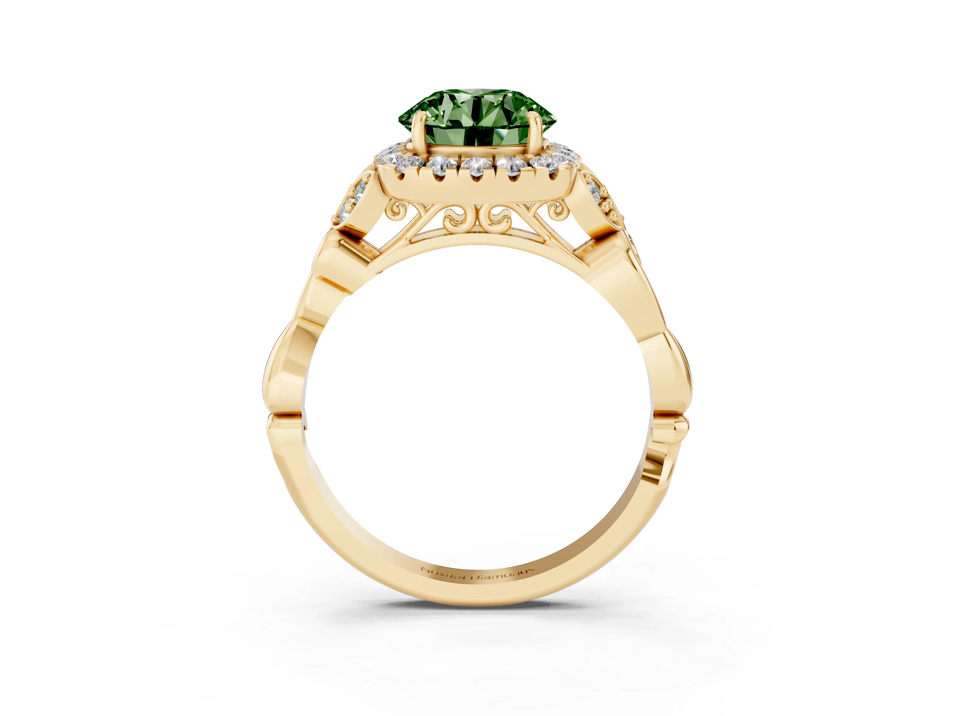 Fancy Green Round Cut Diamond Halo Engagement Ring Set in Yellow gold with Vintage-Inspired Band and Prong Setting