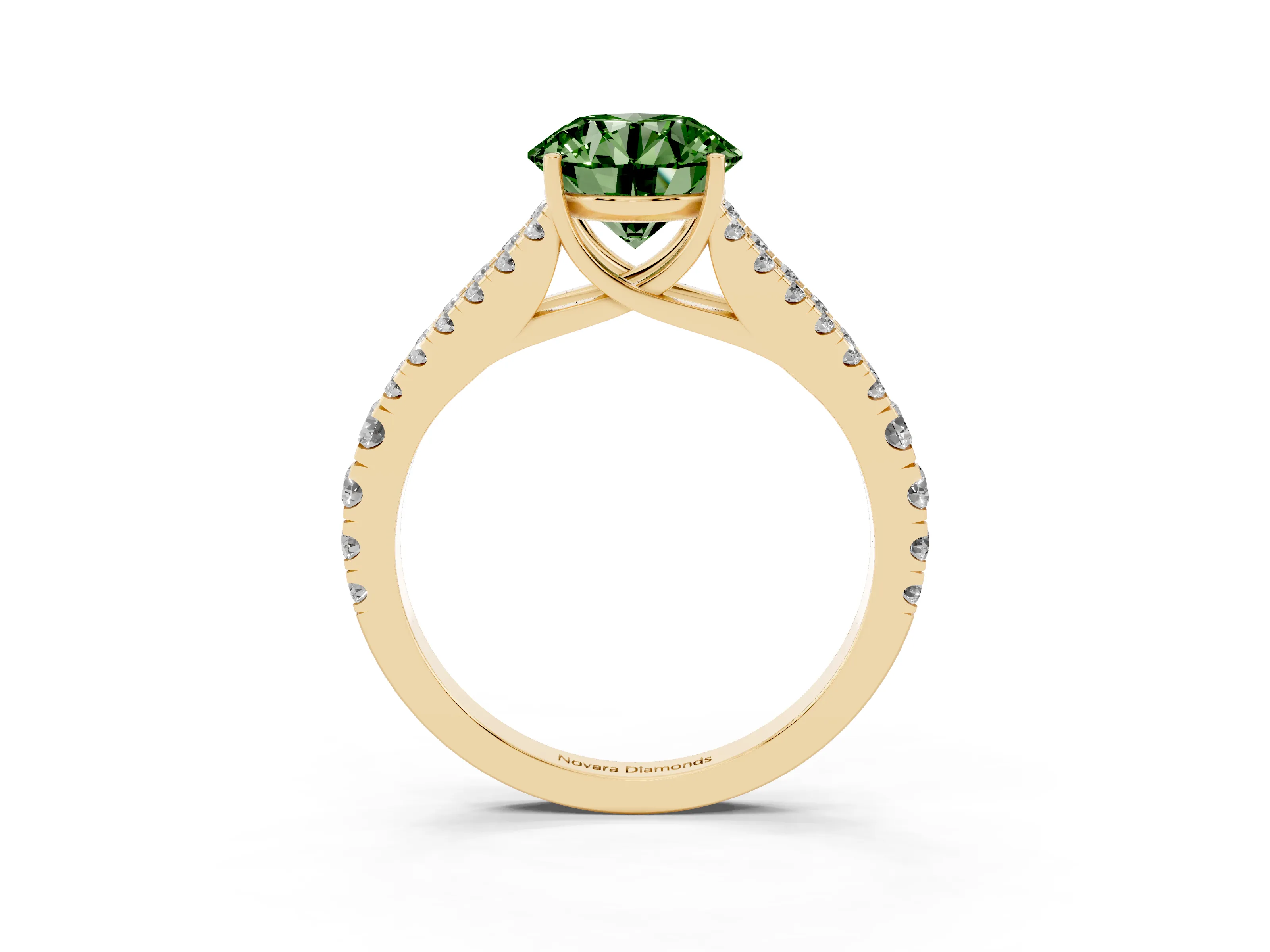 Fancy Green Round Cut Diamond Split Shank Pavé Engagement Ring Set in Yellow gold with Prong-Held Center Stone
