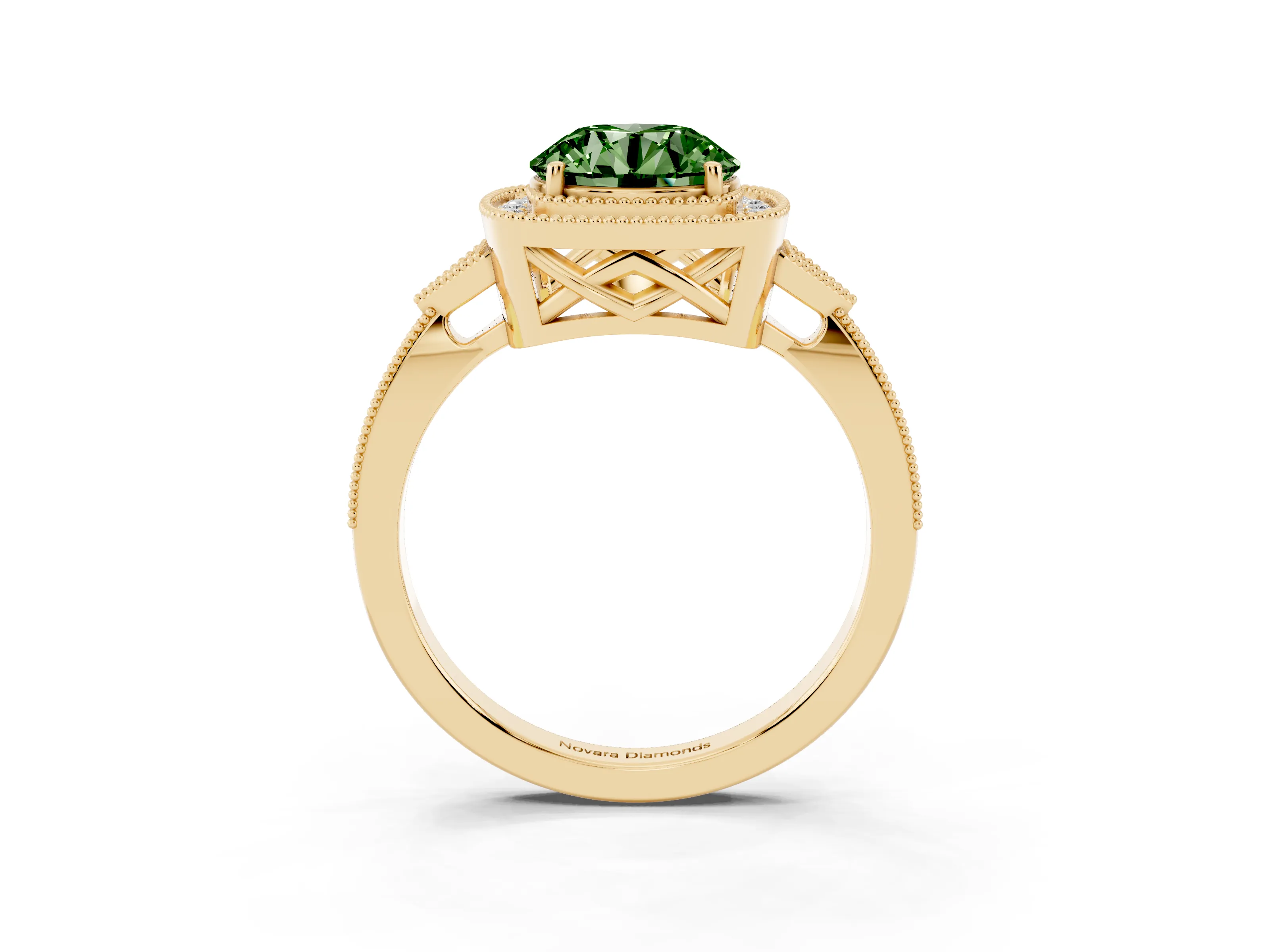 Fancy Green Round Cut Diamond Halo Engagement Ring Set in Yellow gold with Milgrain Pavé Band