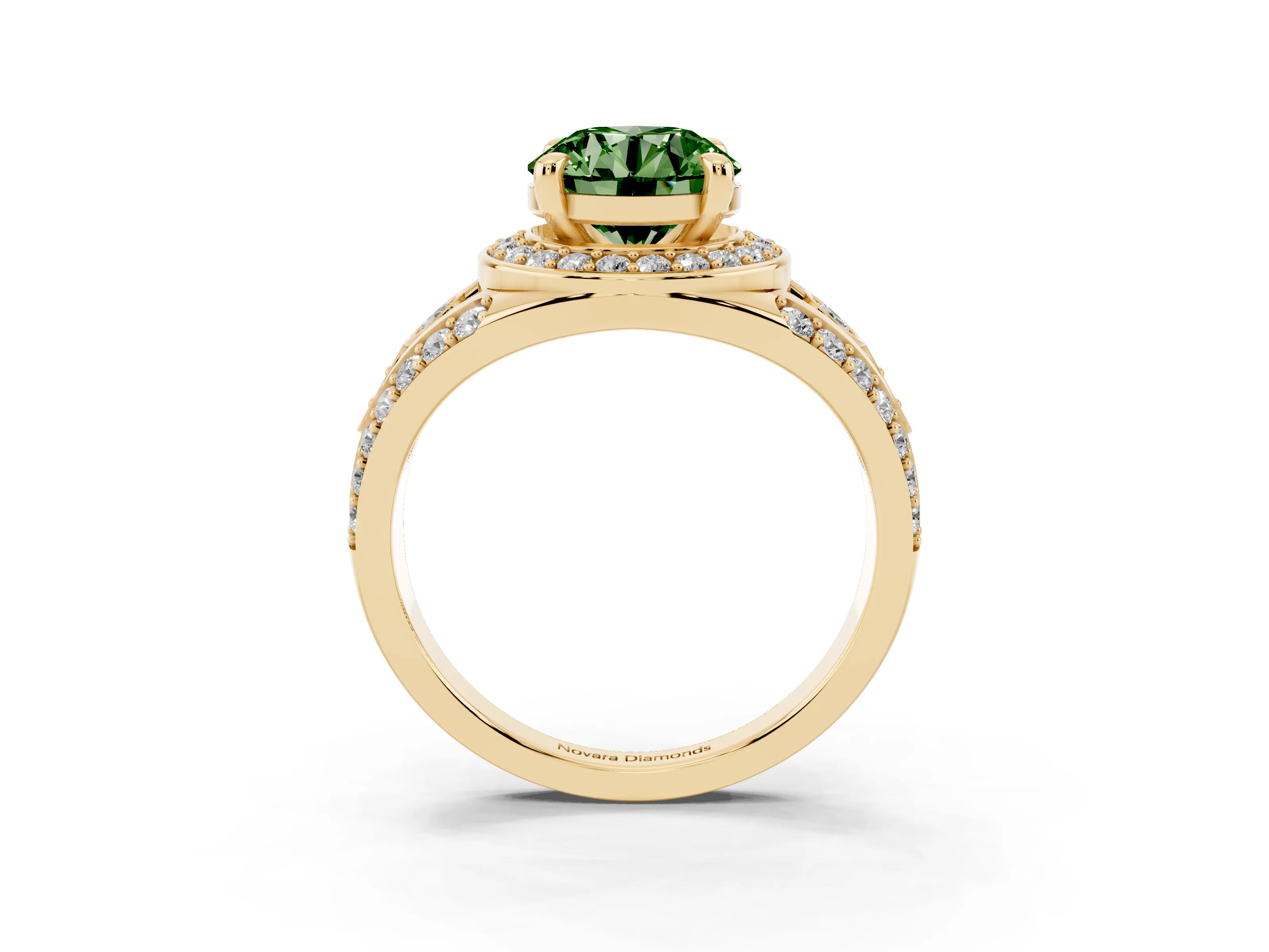 Fancy Green Round Cut Diamond Halo Ring Set in Yellow gold with Pavé Split Shank and Bezel Accents