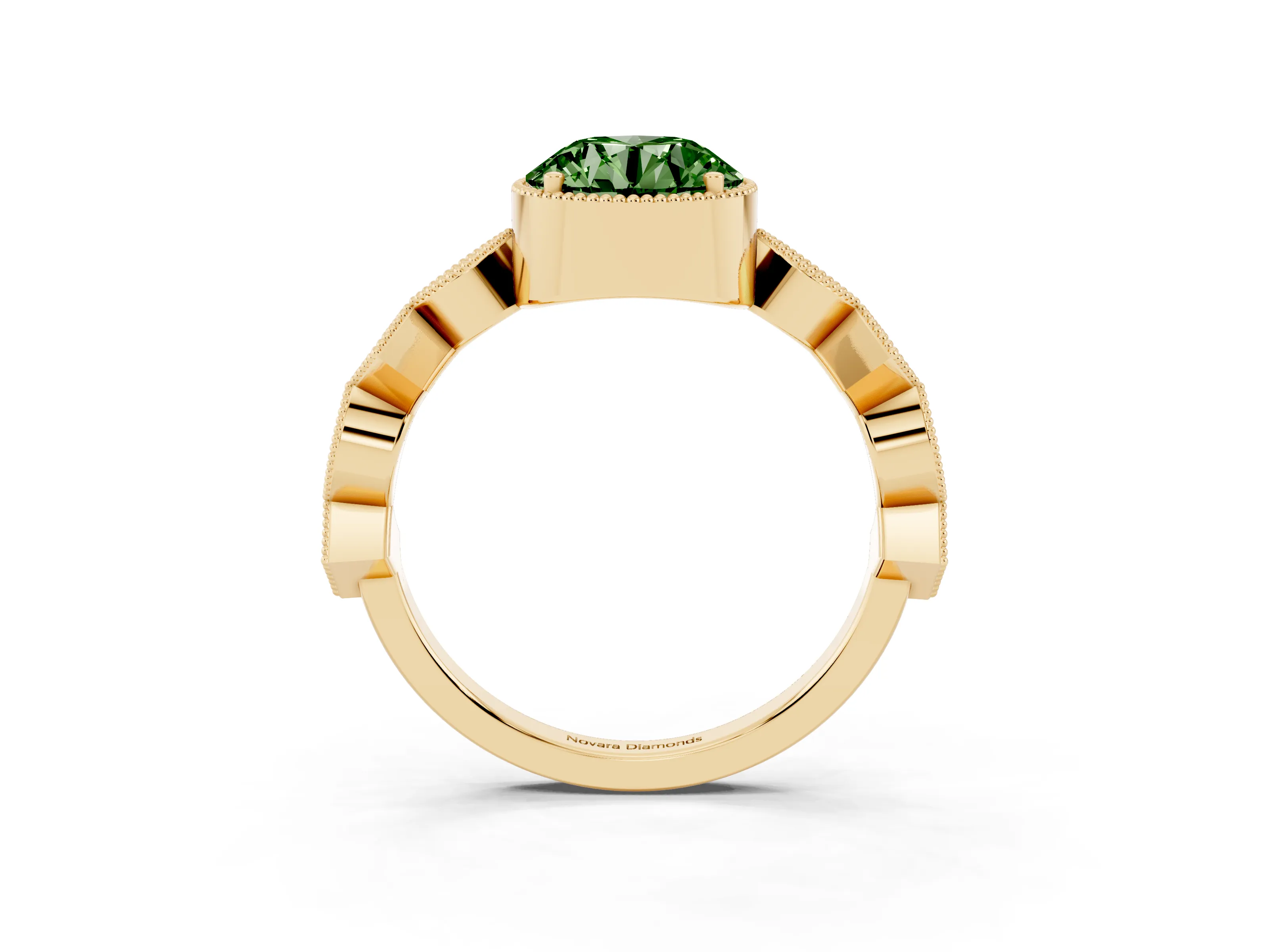 Fancy Green Round Cut Diamond Milgrain Marquise Twist Band Ring Set in Yellow gold with Prong Setting