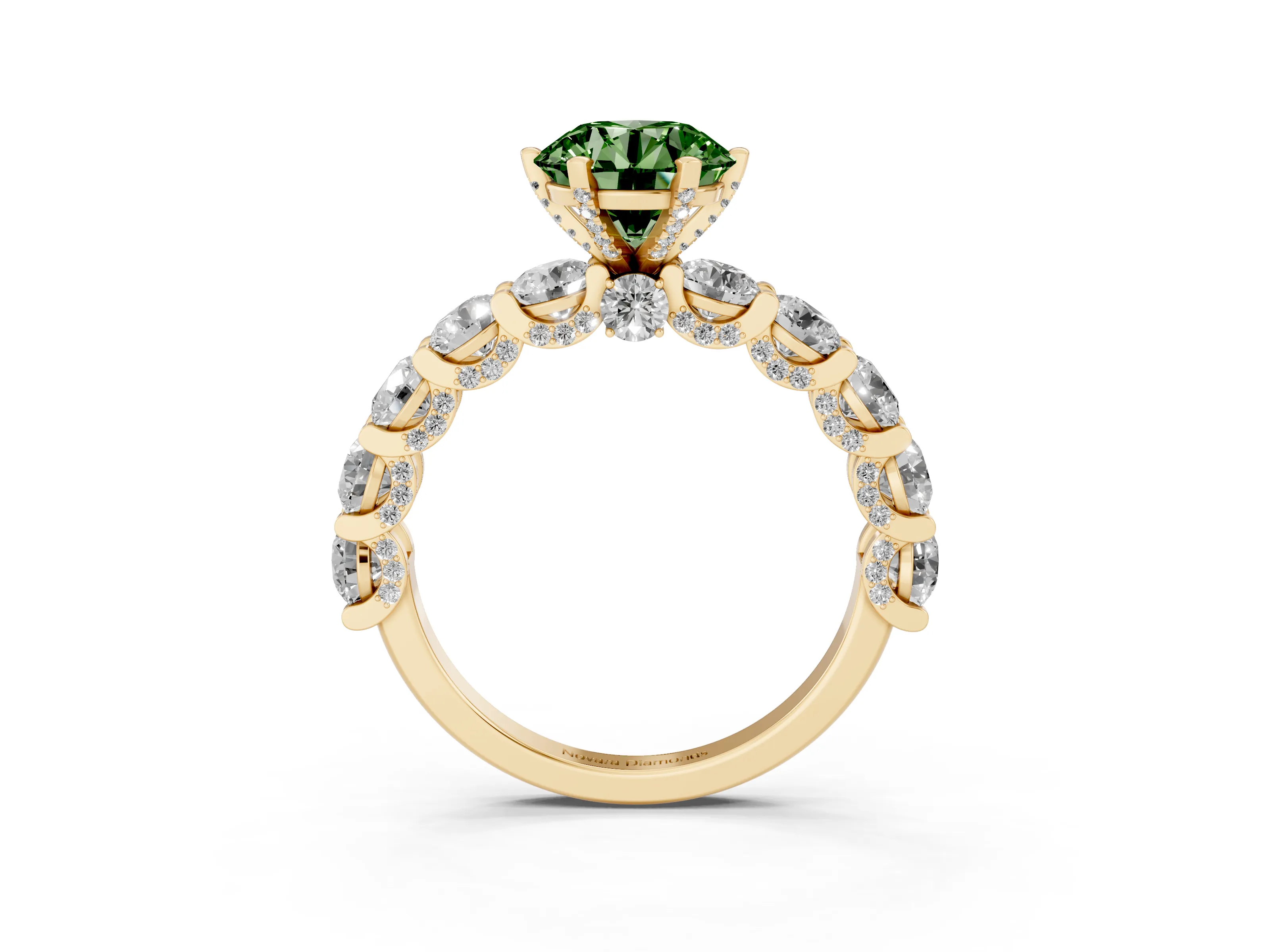 Fancy Green Round Cut Diamond Side Stone Ring Set in Yellow gold with Alternating Round and Oval Side Stones