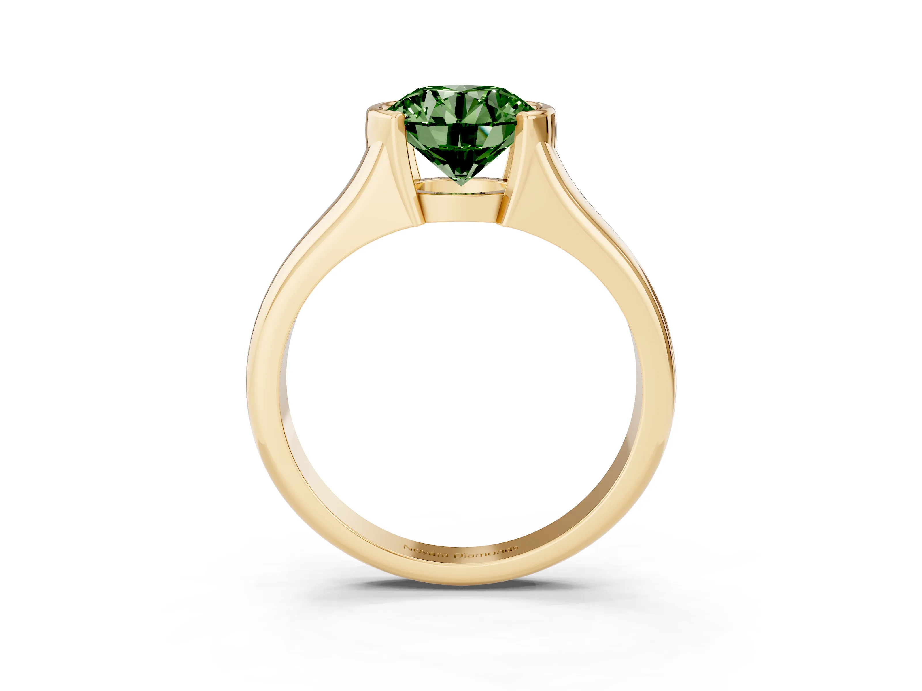 Fancy Green Round Cut Diamond Solitaire Tension Set Ring Set in Yellow gold with Split Shank Band