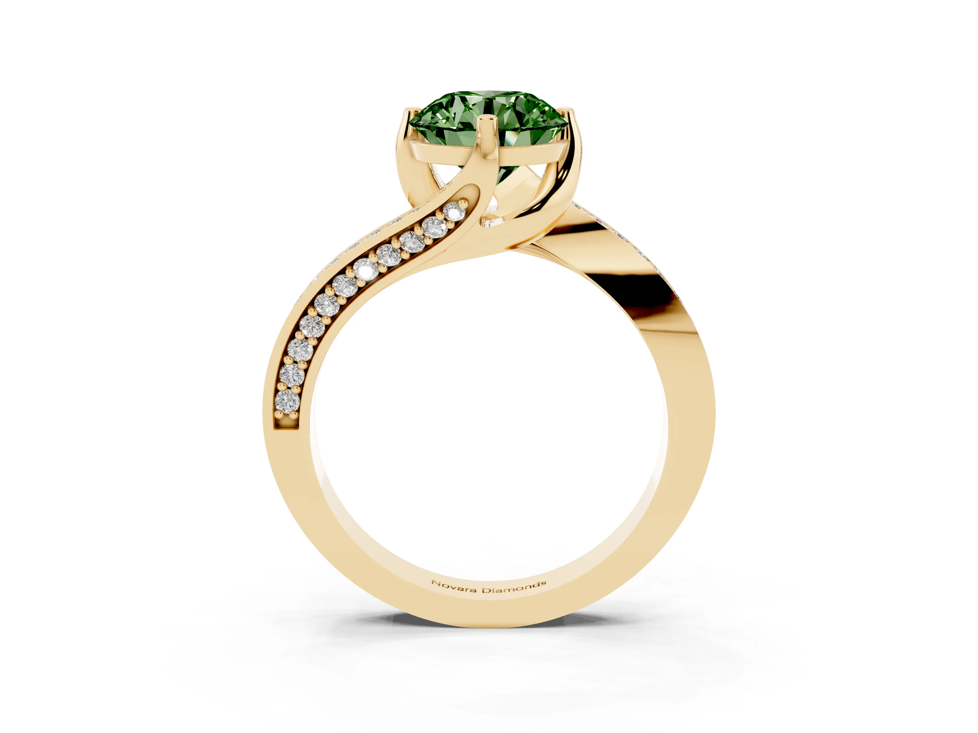 Fancy Green Round Cut Diamond Solitaire Ring Set in Yellow gold with Intertwined Pavé Twist Band