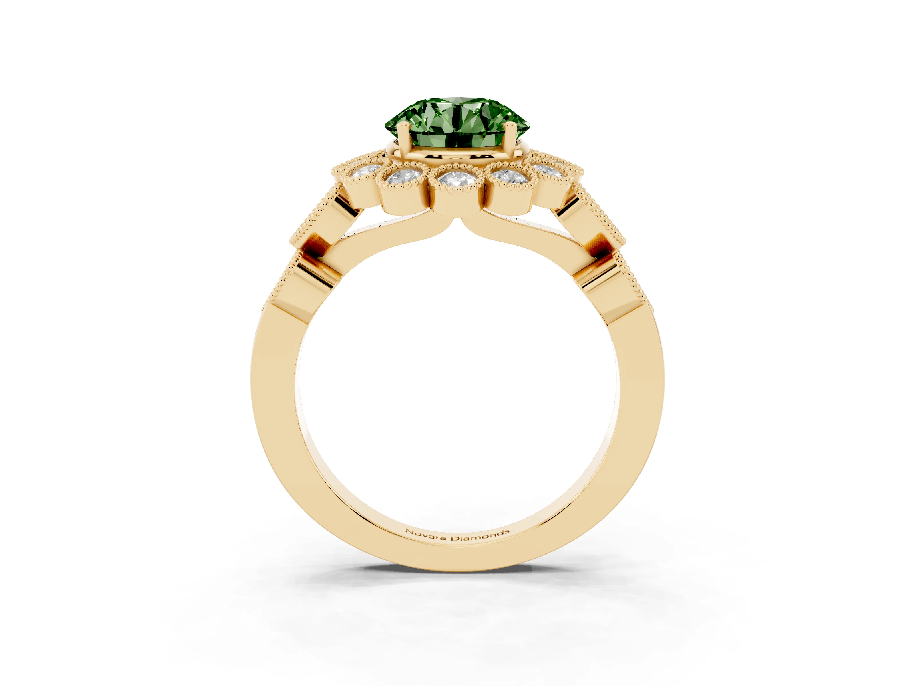 Fancy Green Round Cut Diamond Solitaire Ring Set in Yellow gold with Milgrain Pavé Heart Band