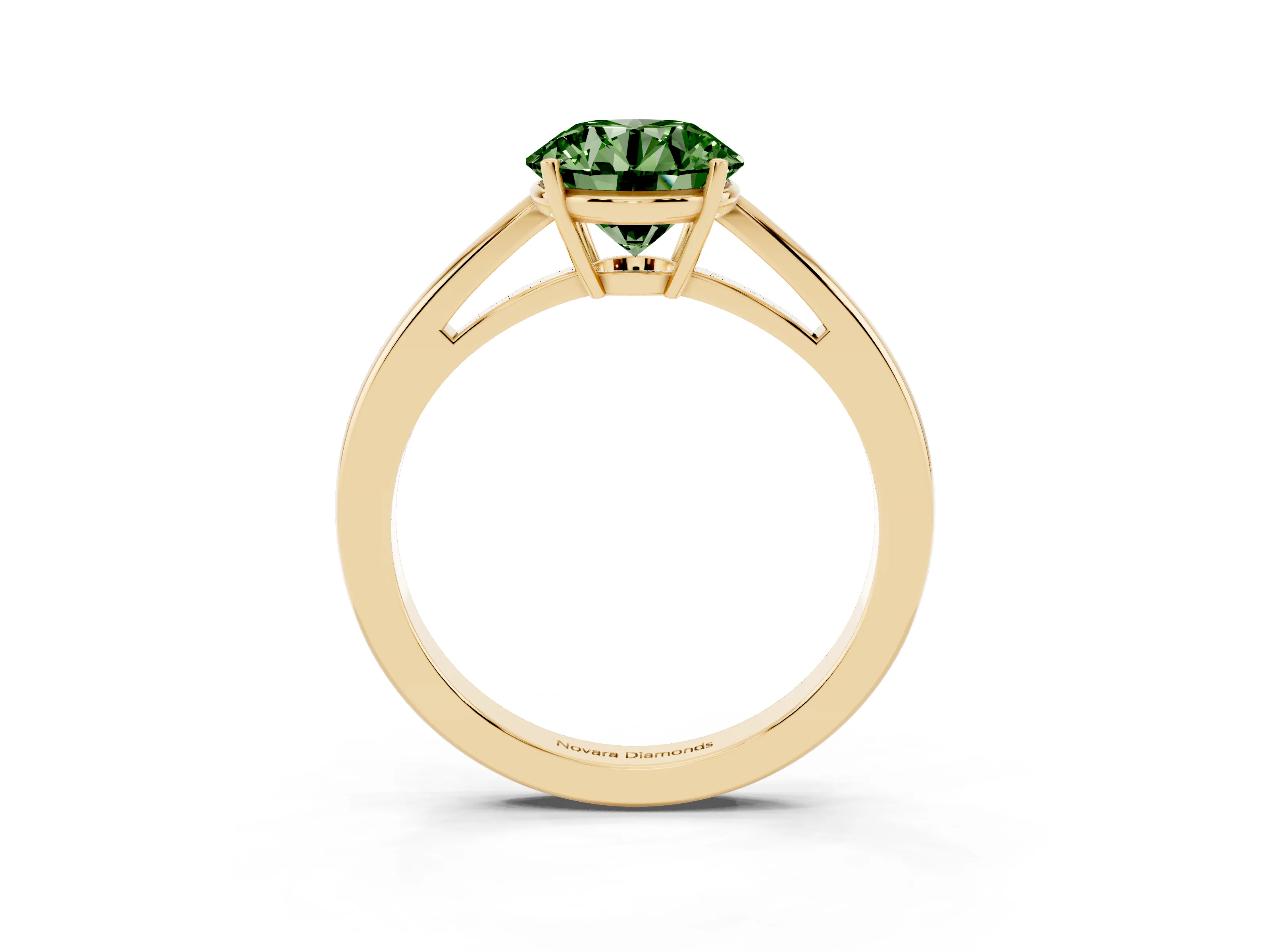 Fancy Green Round Cut Diamond Solitaire Ring Set in Yellow gold with Split Shank and Prong Setting