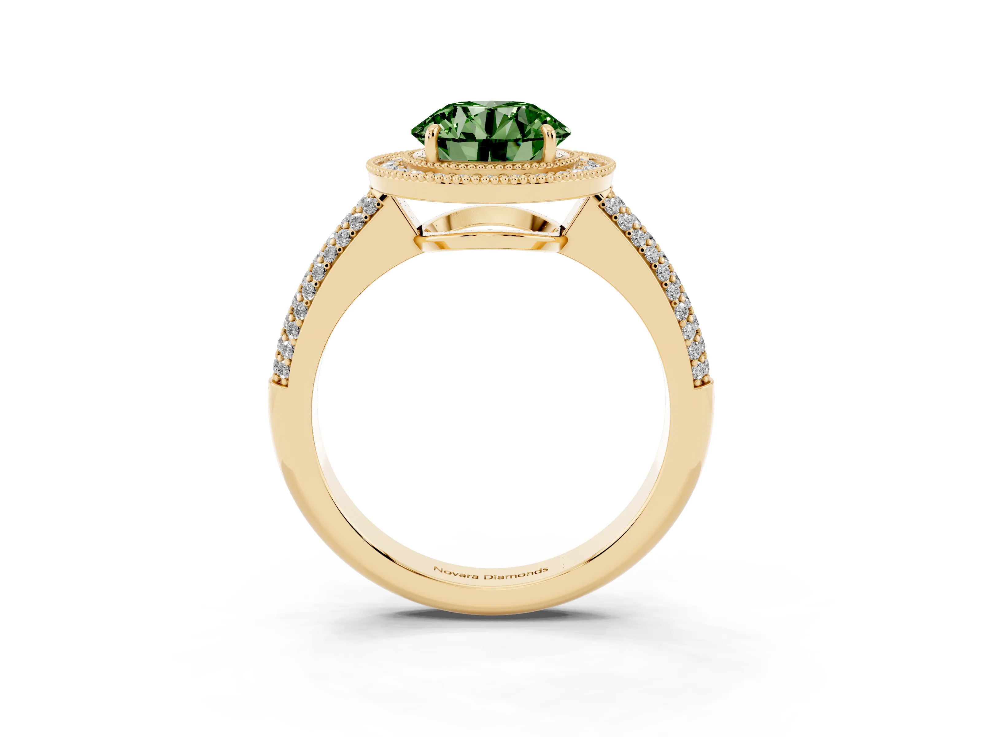 Fancy Green Round Cut Diamond Halo Pavé Band Set in Yellow gold with Prong Setting