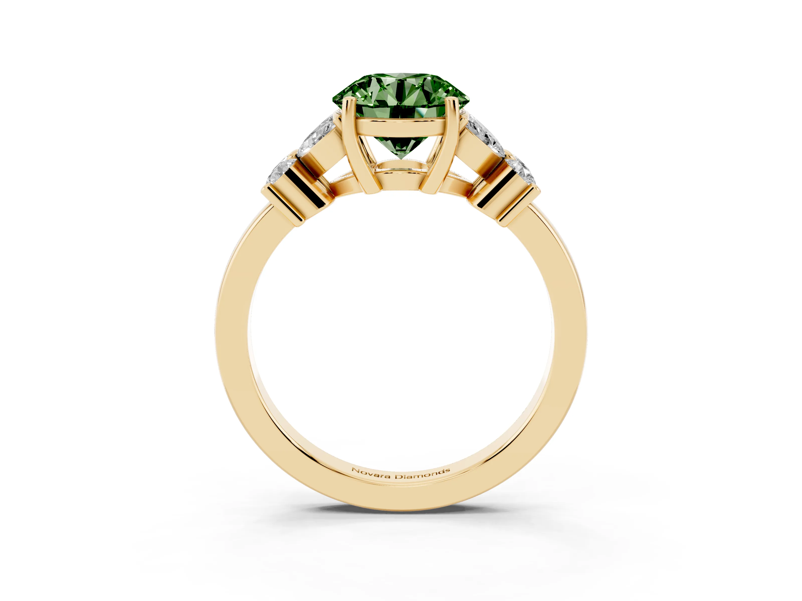 Fancy Green Round Cut Diamond Floral Cluster Ring Set in Yellow gold with Marquise Petals and Prong Setting