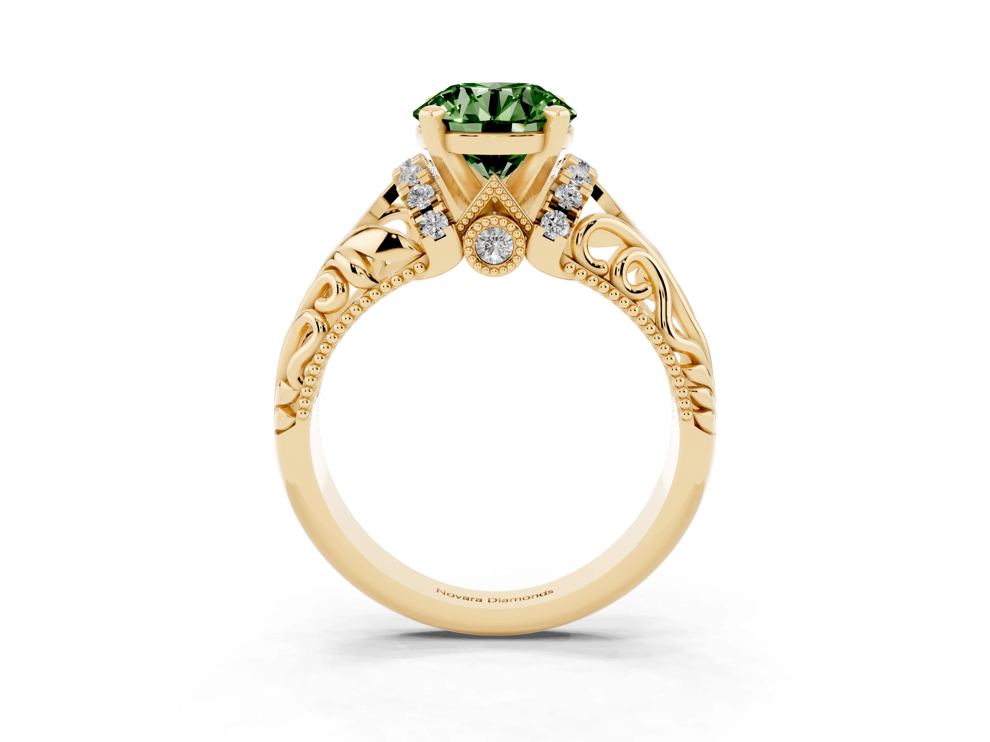 Fancy Green Round Cut Diamond Filigree Halo Engagement Ring Set in Yellow gold with Prong Setting