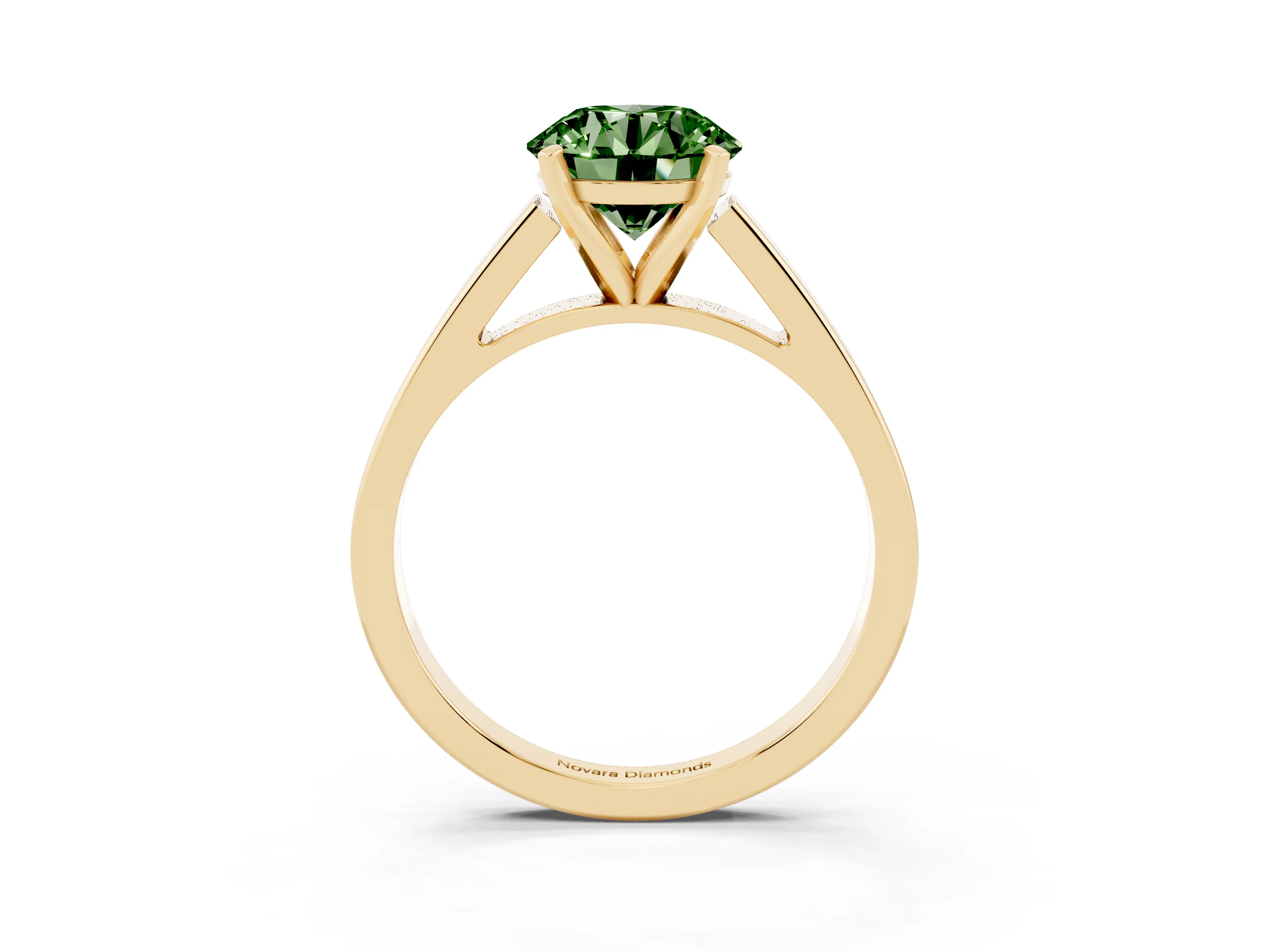 Fancy Green Round Cut Diamond Solitaire Engagement Ring Set in Yellow gold with Prong Setting and Tapered Band
