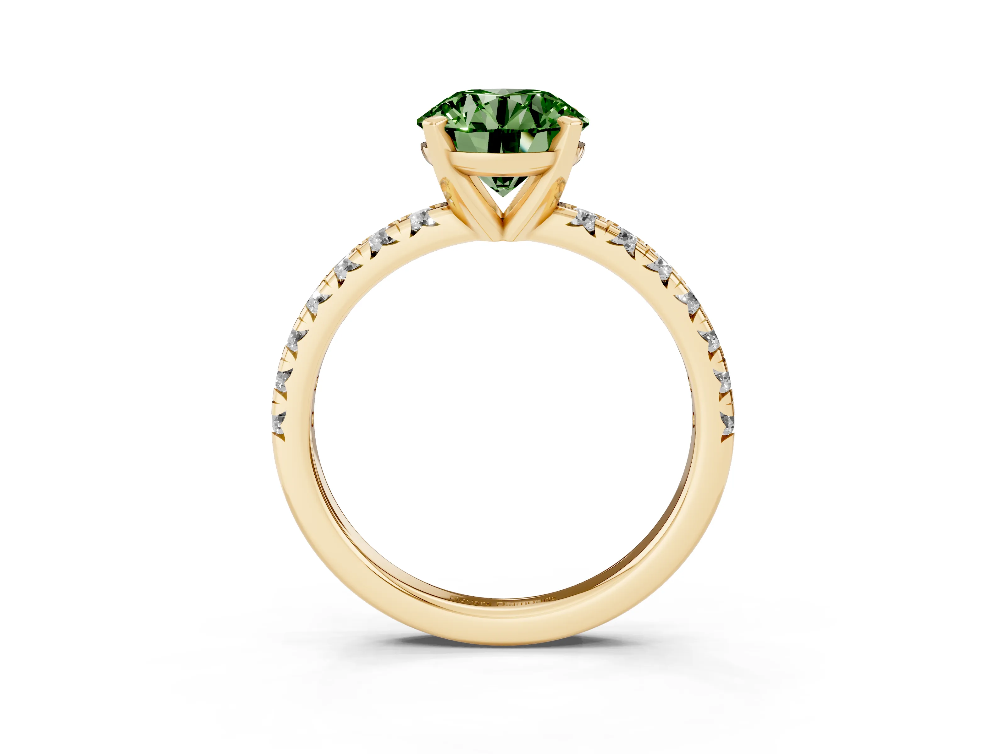 Fancy Green Round Cut Diamond Solitaire Pavé Engagement Ring Set in Yellow gold with Round Band and Prong Setting