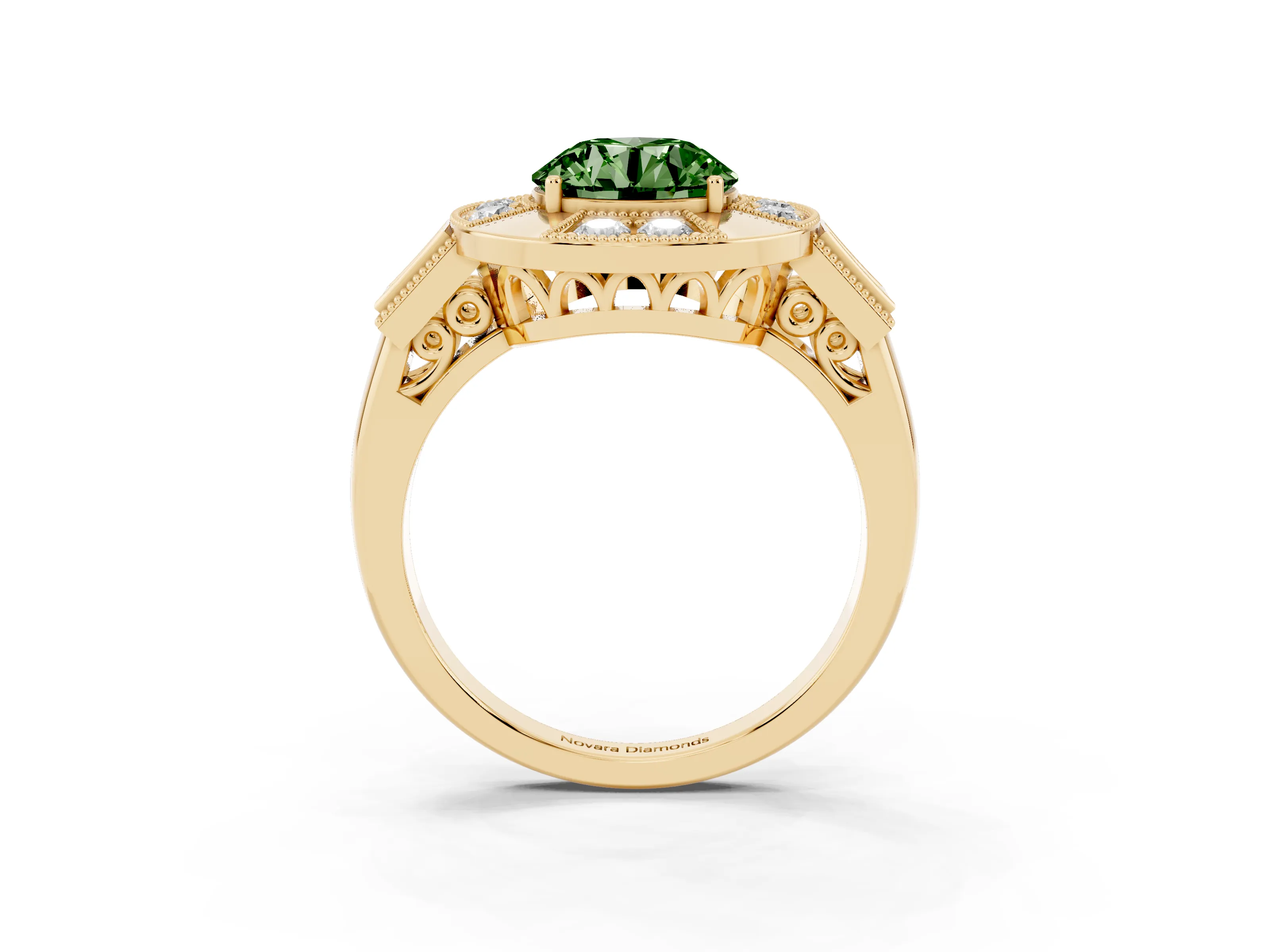 Fancy Green Round Cut Diamond Milgrain Halo Ring Set in Yellow gold with Split Shank