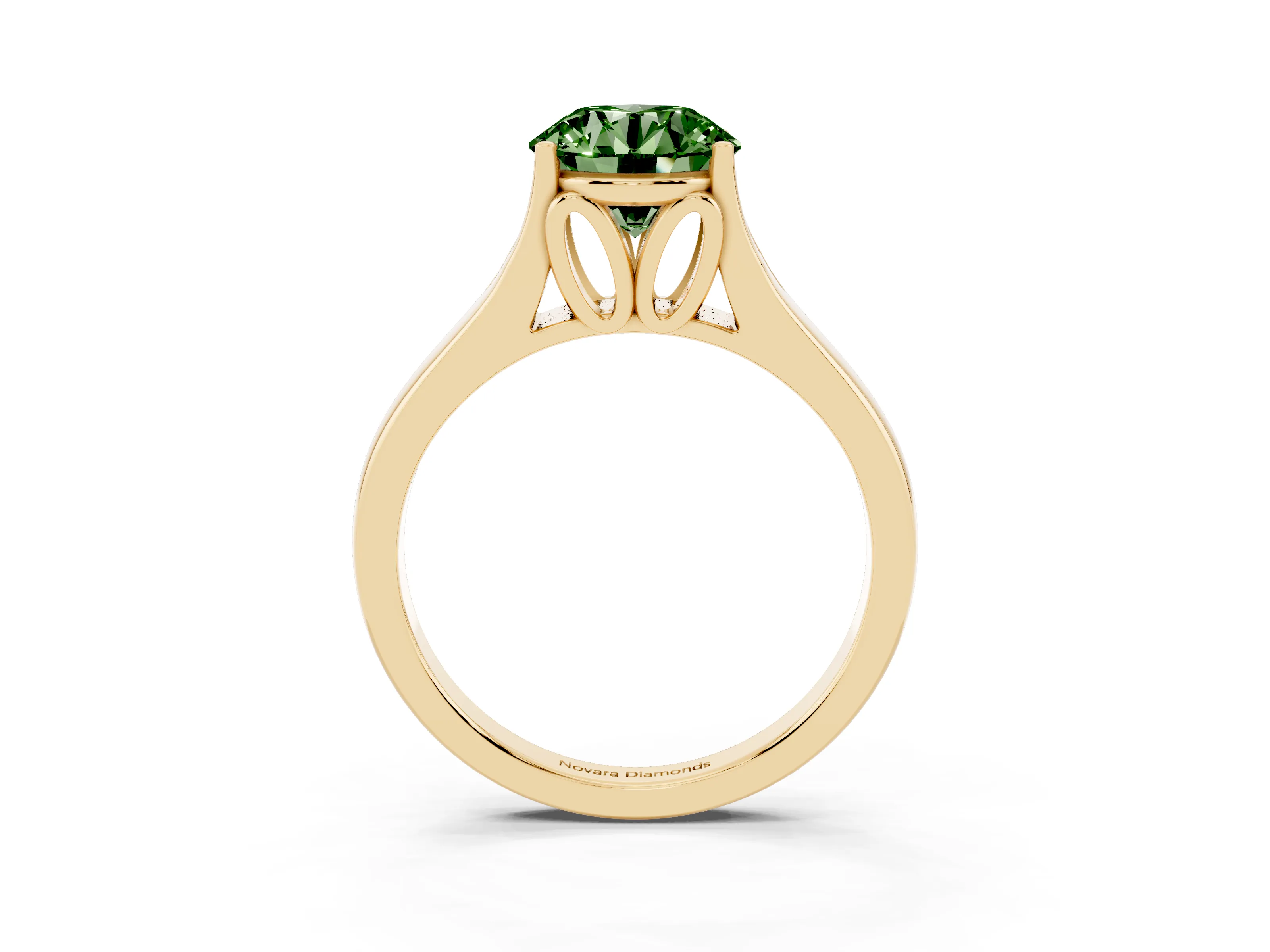 Fancy Green Round Cut Diamond Solitaire Ring Set in Yellow gold with Arched Cathedral Band and Prong Setting