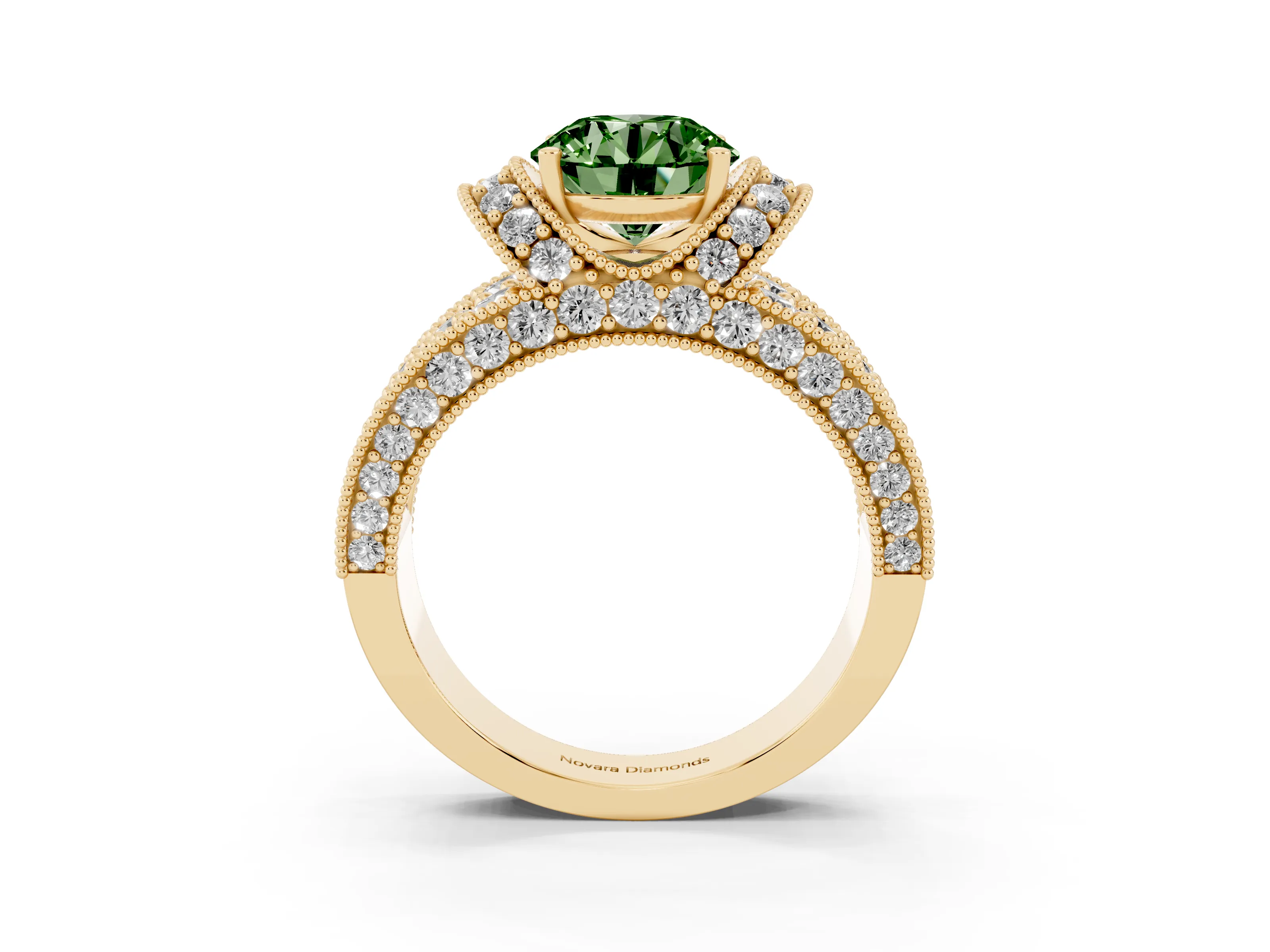 Fancy Green Round Cut Diamond Milgrain Halo Pavé Engagement Ring Set in Yellow gold with Prong Setting